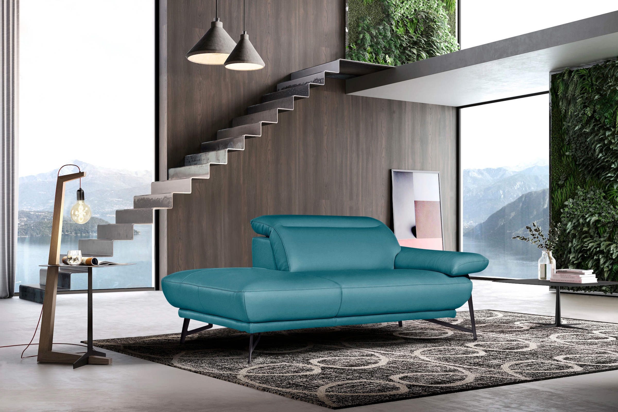 Egoitaliano Ottomane "Anais, erstklassiges Designsofa, Breite 179 cm, Fußfarbe schattengrau" Kopfteil verstellbar, Leder CAREZZA, türkis