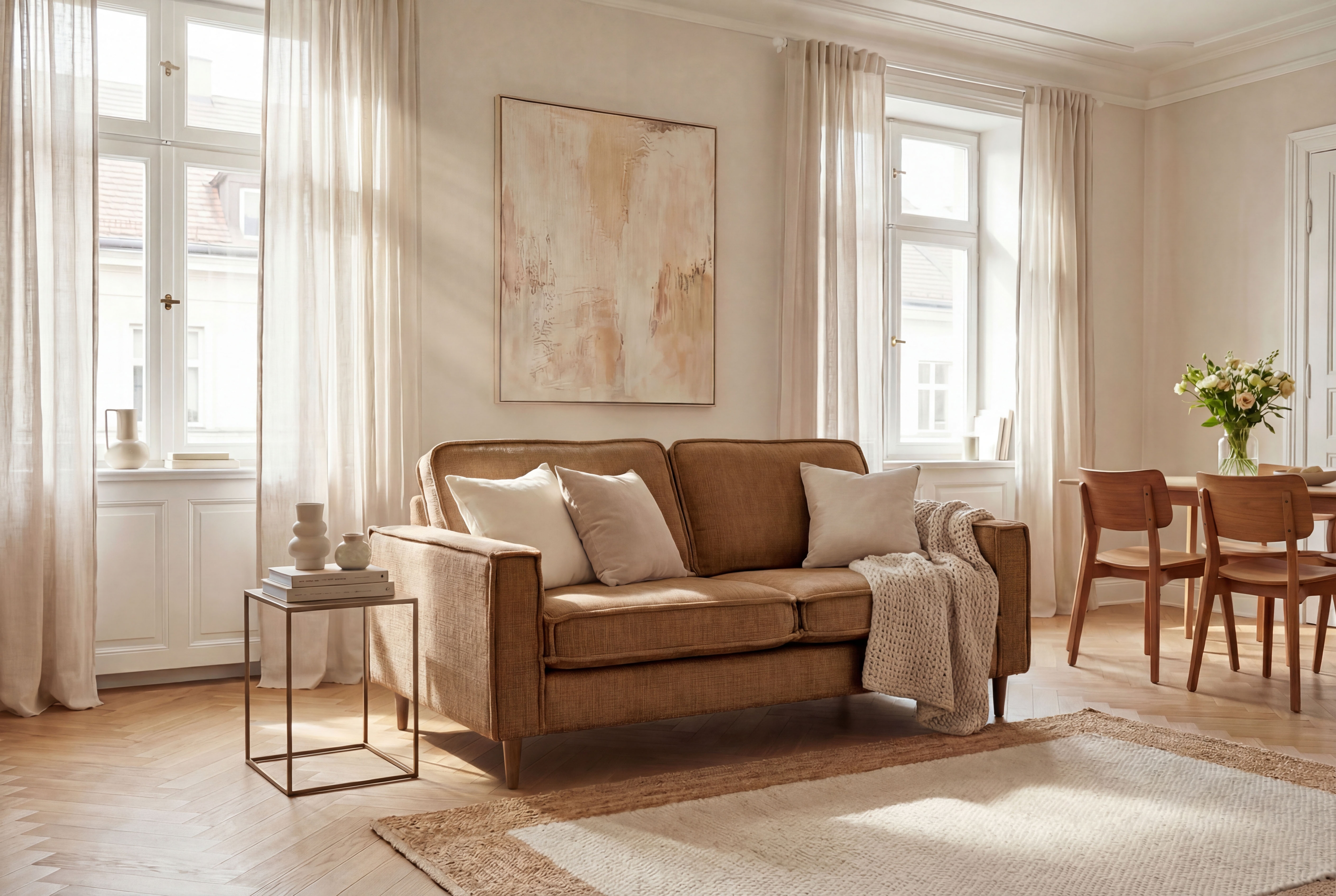 OTTO home 2-Sitzer "Pinto Skandi, 166 cm, Chenille, Struktur" mit Keder, Massivholzfüße Eiche geräuchert, Wellenunterfederung
