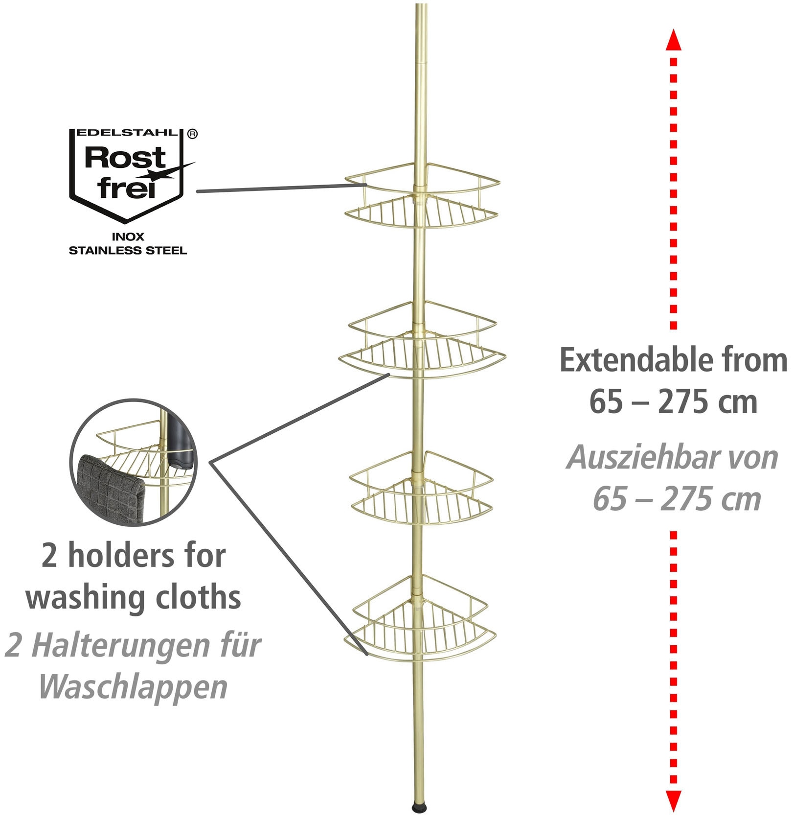 WENKO Teleskopregal »Dolcedo«, Eckregal mit 4 Ablagen, höhenverstellbar 65-275 cm