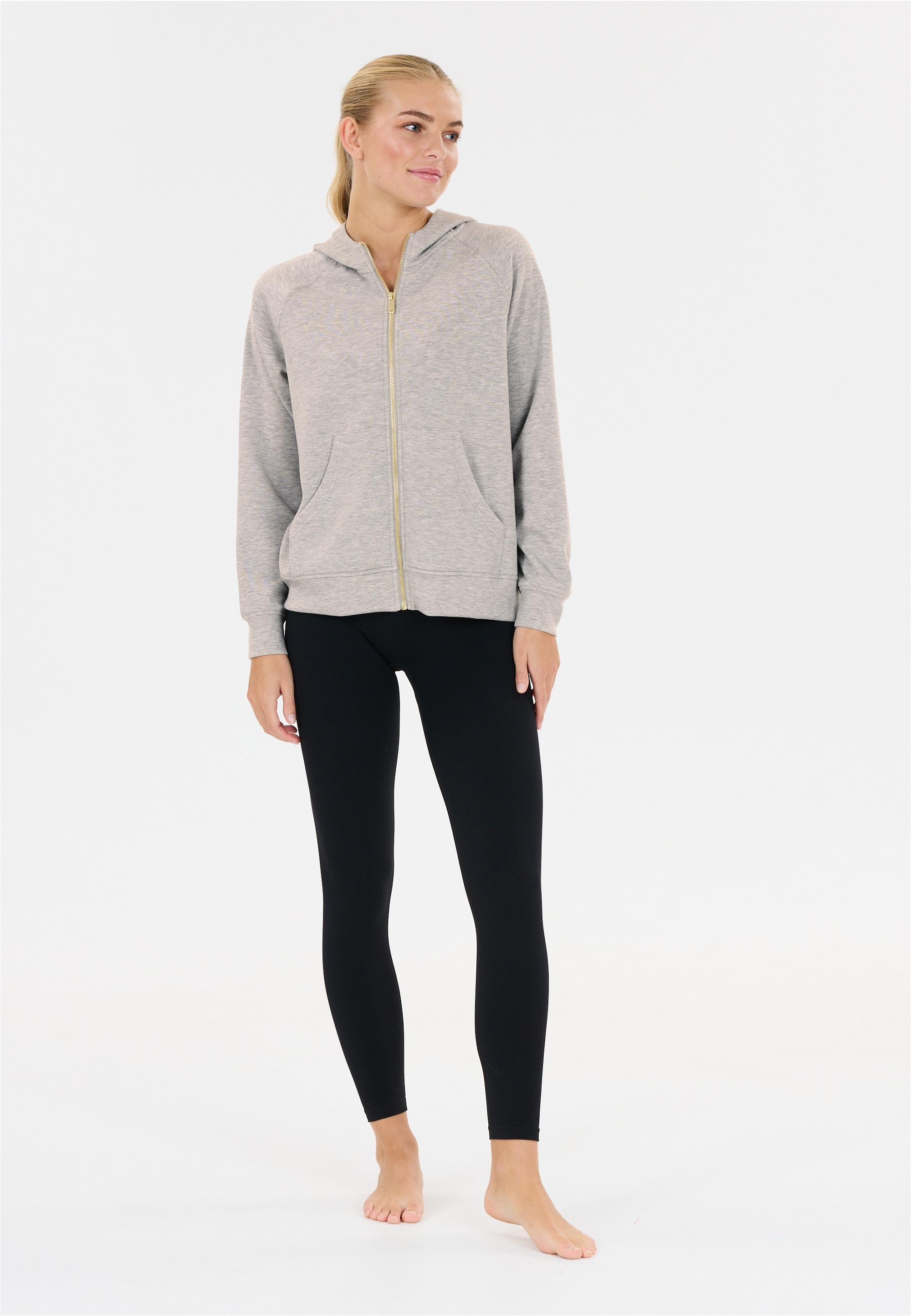 Kapuzensweatshirt ATHLECIA "Jacey", Damen, Gr. 46, hellgrau, meliert, 51% Polyester, 44% Modal, 5% Elasthan, unifarben, normal, ohne Ausschnitt, Sweatshirts, in klassischem Design mit Kapuze