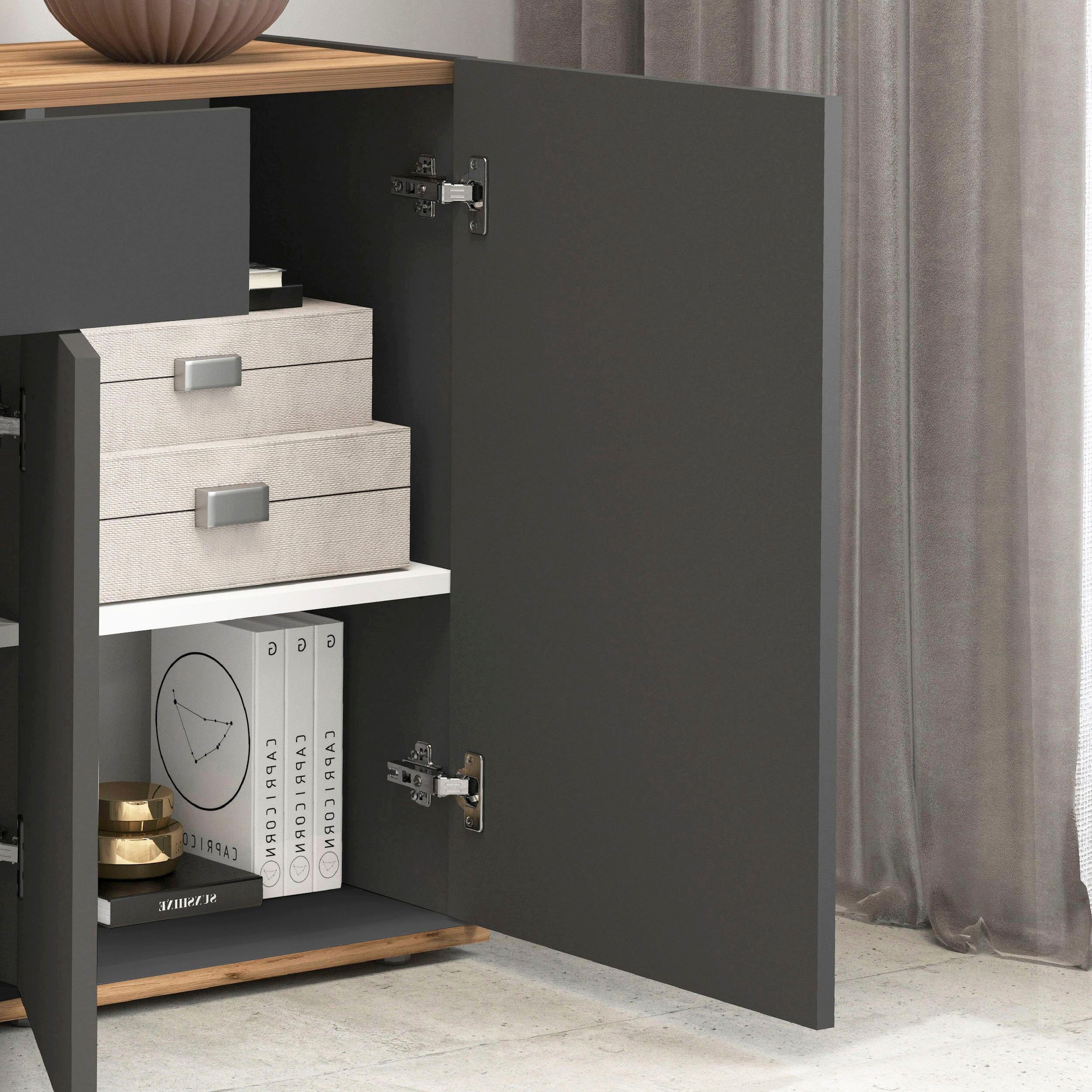 OTTO home Sideboard »Garda, Kommode, Schrank, 3 Türen, 1 Schublade, Made in Italy« 3 Türen, 1 Schublade, grifflos Breite 120,1 cm, anthrazit/eiche matt