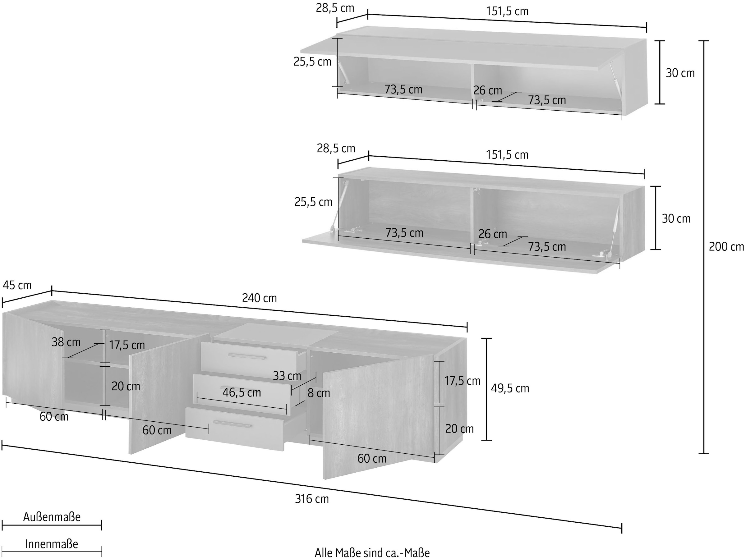 INOSIGN Schrank-Set »LARGO«, (Set, 3 St.), mit Soft-Close und Push to open-Funktion