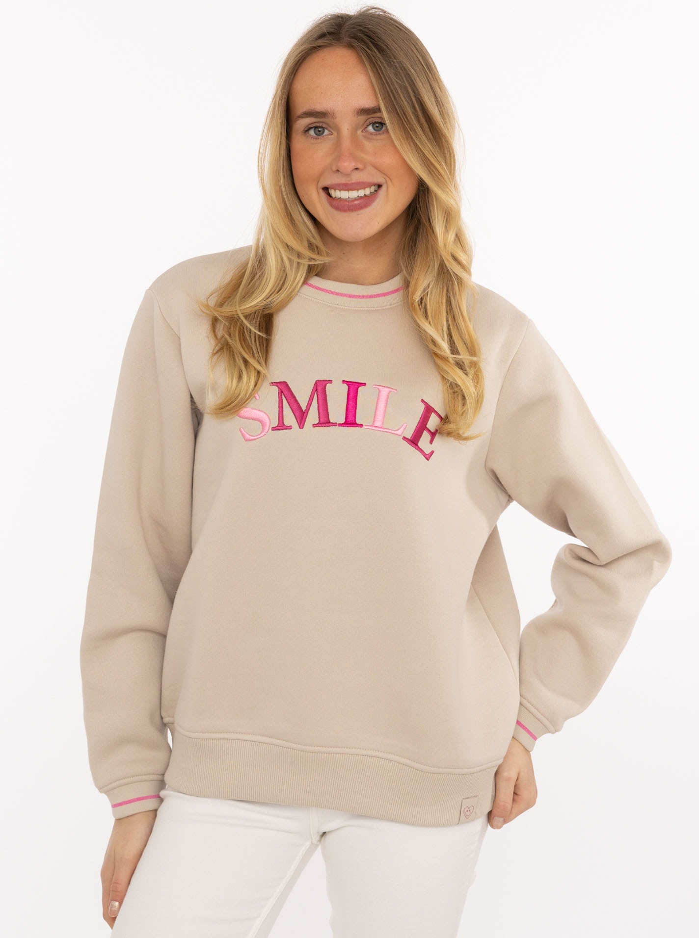 Zwillingsherz Hoodie ""Smile Shine"", Rundhals, mit Lurexstreifen an den Bü günstig online kaufen