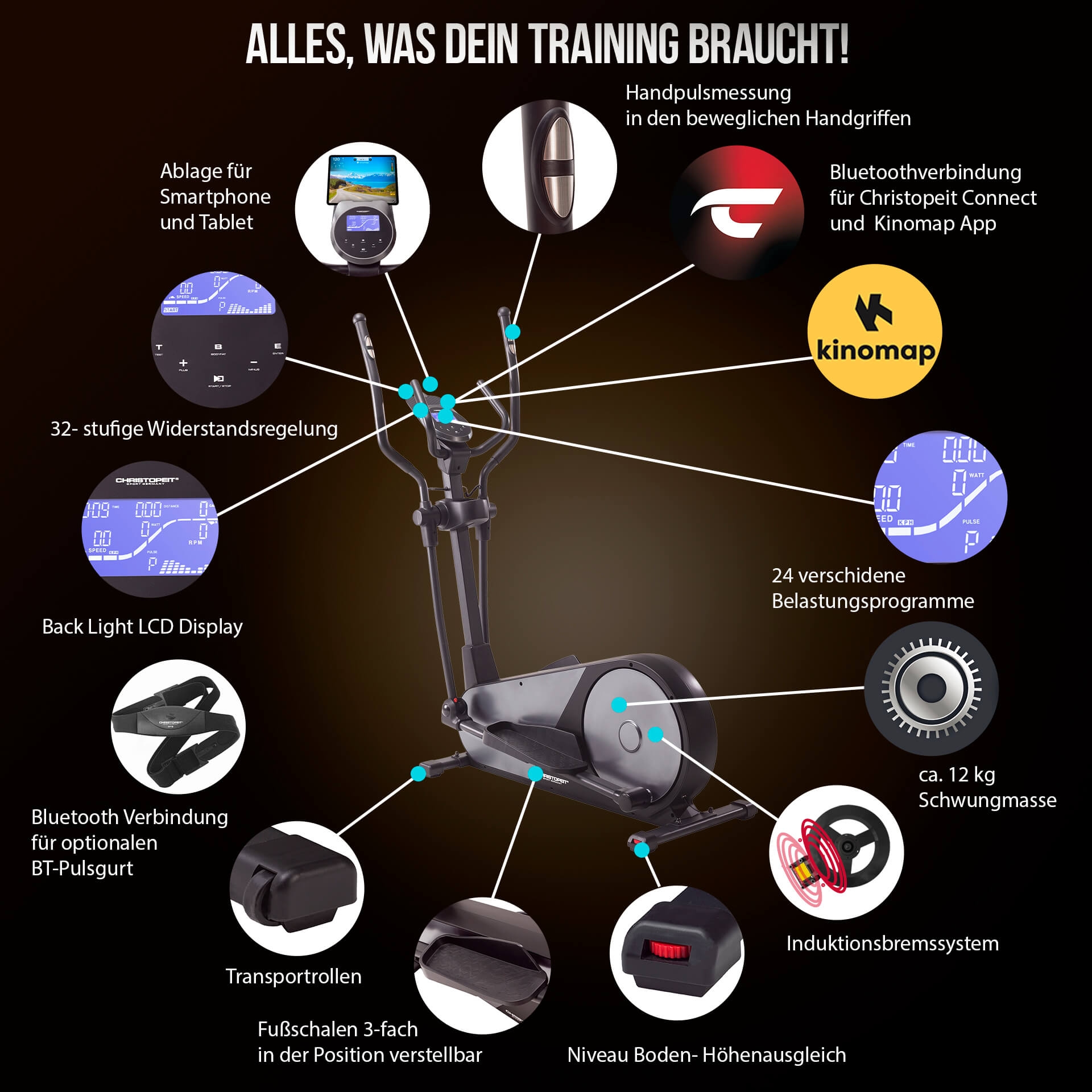 Christopeit Sport® Crosstrainer-Ergometer »EL 8000« 150 kg max. Benutzergewicht, 32 Widerstandsstufen