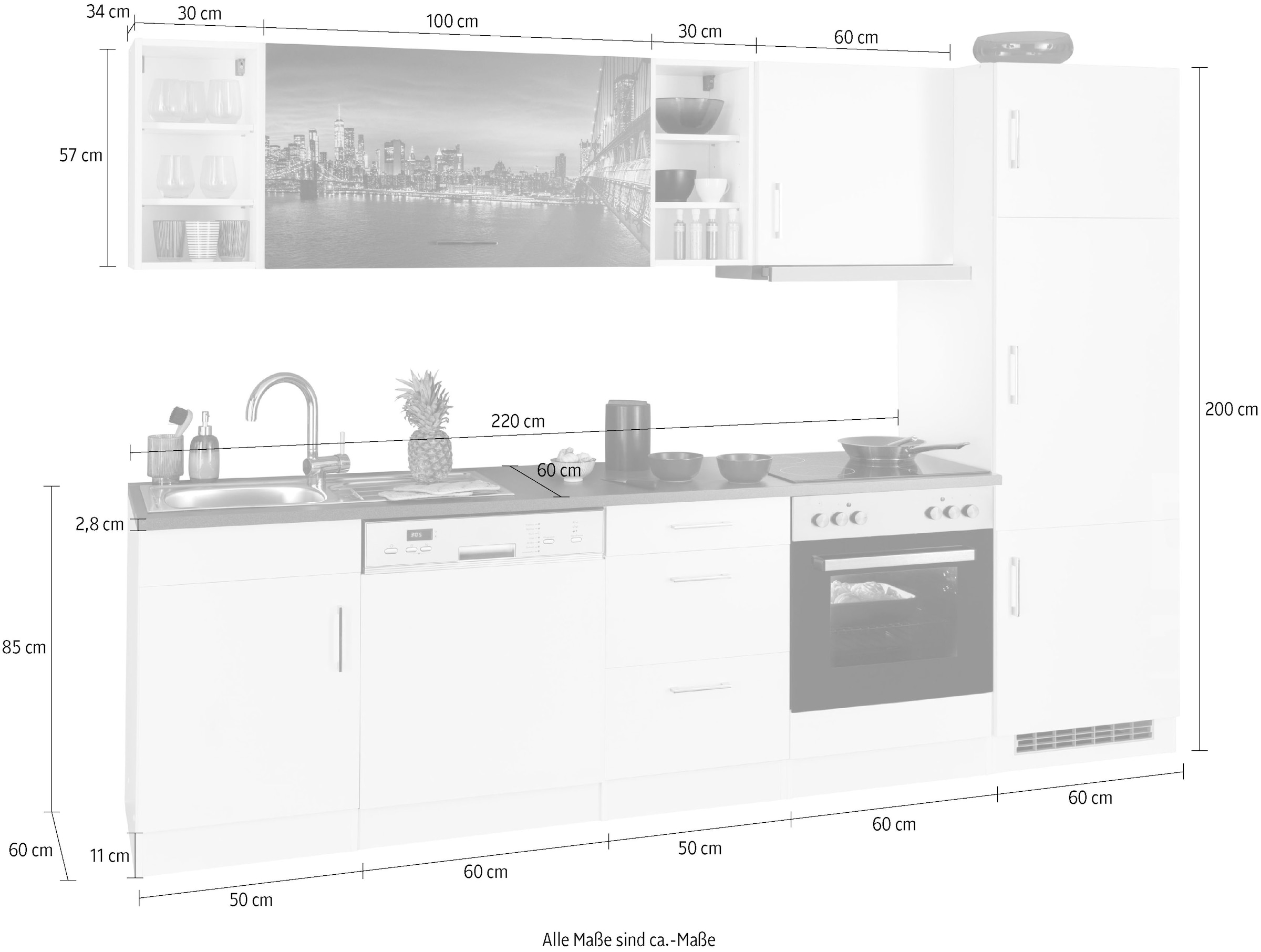 KOCHSTATION Küchenzeile »KS-Paris« mit E-Geräten, Breite 280 cm