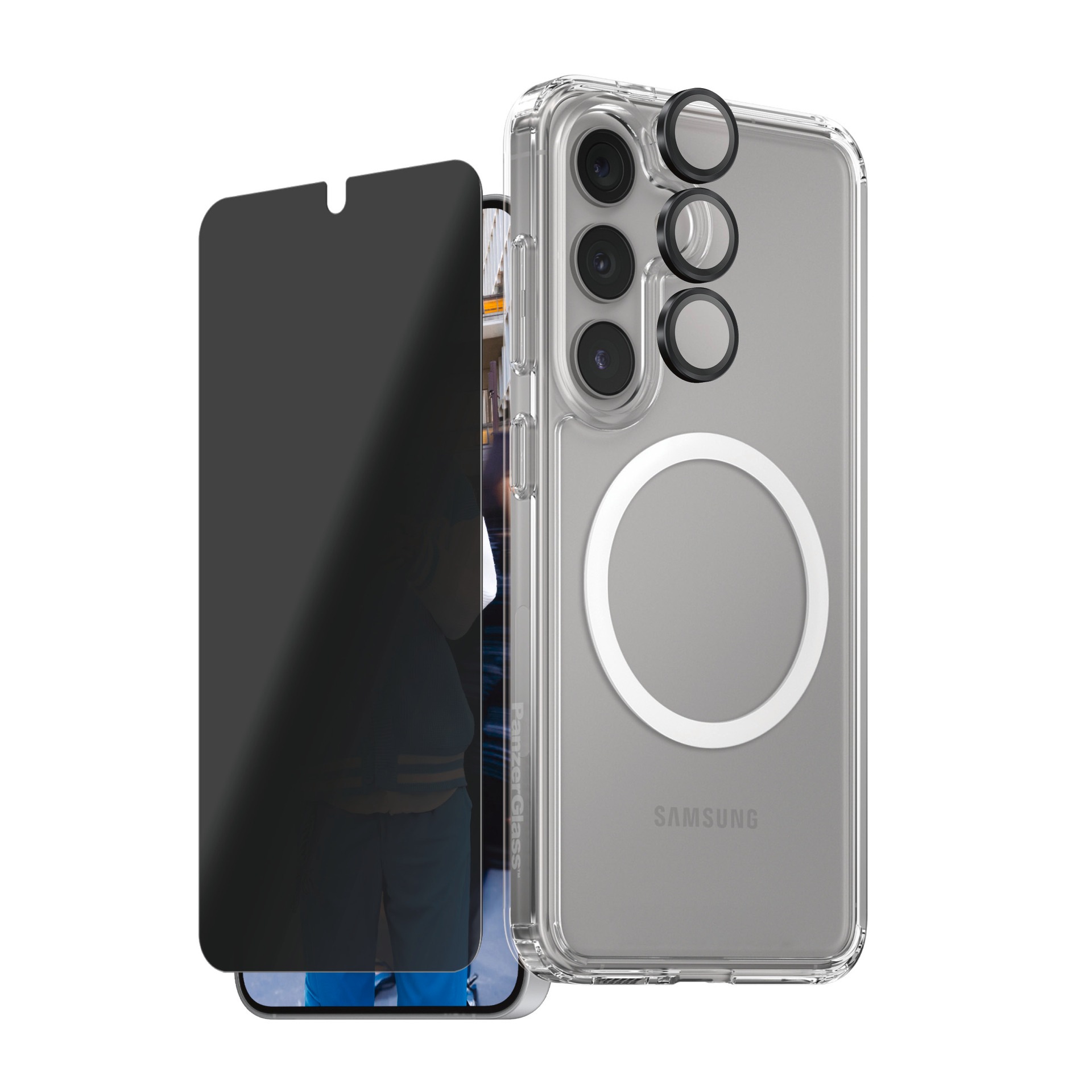 CARE by PanzerGlass Displayschutzglas »3-in-1 Privacy Protection Set«, für Samsung Galaxy S25, Blickschutz, Schutzfolie, Bildschirmschutz, kratz- & stoßfest