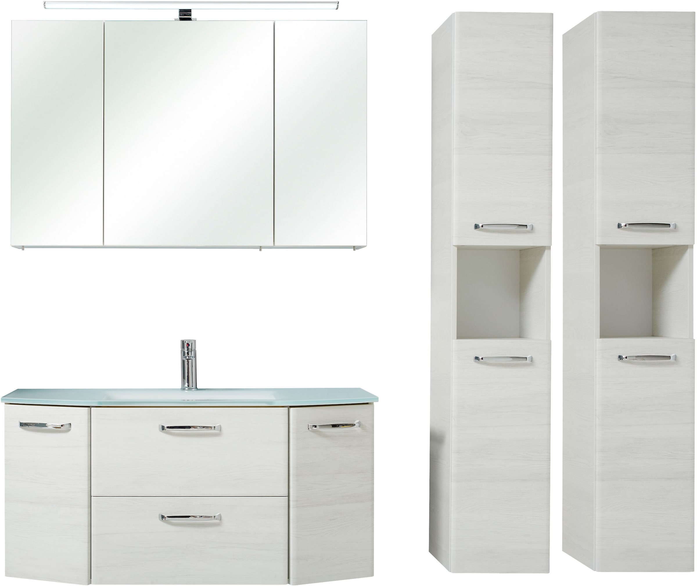 Saphir Badmöbel-Set »Quickset 936 4-teilig, Glaswaschtisch und LED-Spiegelschrank«, (Set, 4 St.), 2 Hochschränke, Eiche Weiß quer Nachbildung, inkl. Türdämpfer, 9 Türen