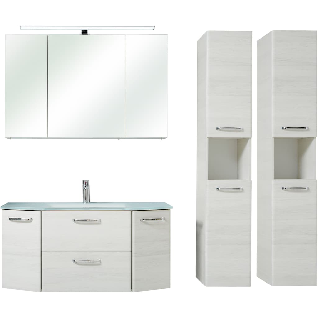 Saphir Badmöbel-Set »Quickset 936 4-teilig, Glaswaschtisch und LED-Spiegelschrank«, (Set, 4 St.), 2 Hochschränke, Eiche Weiß quer Nachbildung, inkl. Türdämpfer, 9 Türen