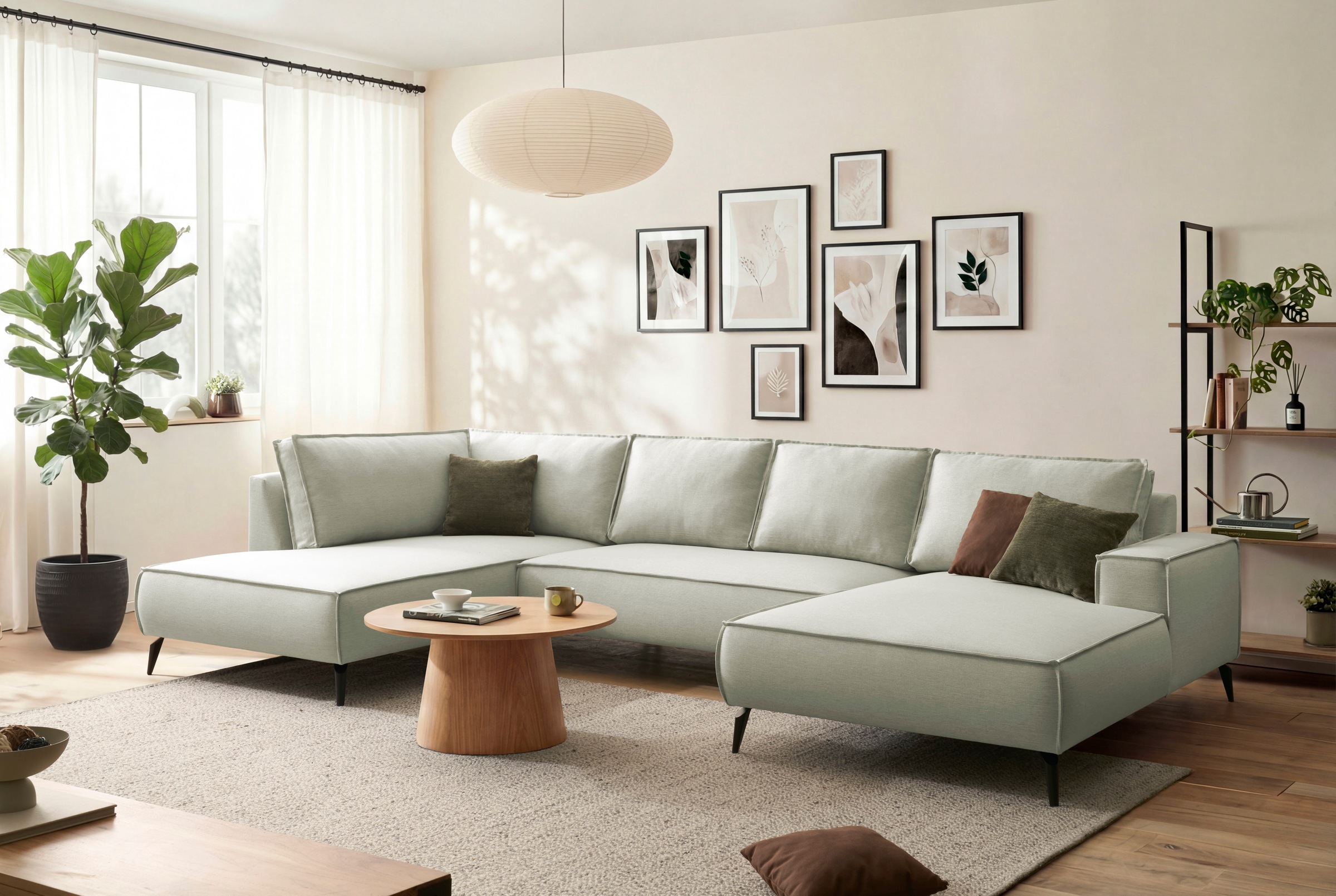 Wohnlandschaft HOME AFFAIRE "Tvinnu, moderne U-Form, Couch in Cord oder Webstoff in Leinenoptik", hellgrün, B:354cm H:83cm T:193cm, Sofas, Wohnlandschaft, Recamiere rechts/links, schwarze Metallfüße, bequeme Sitz-/Liegefläche 9