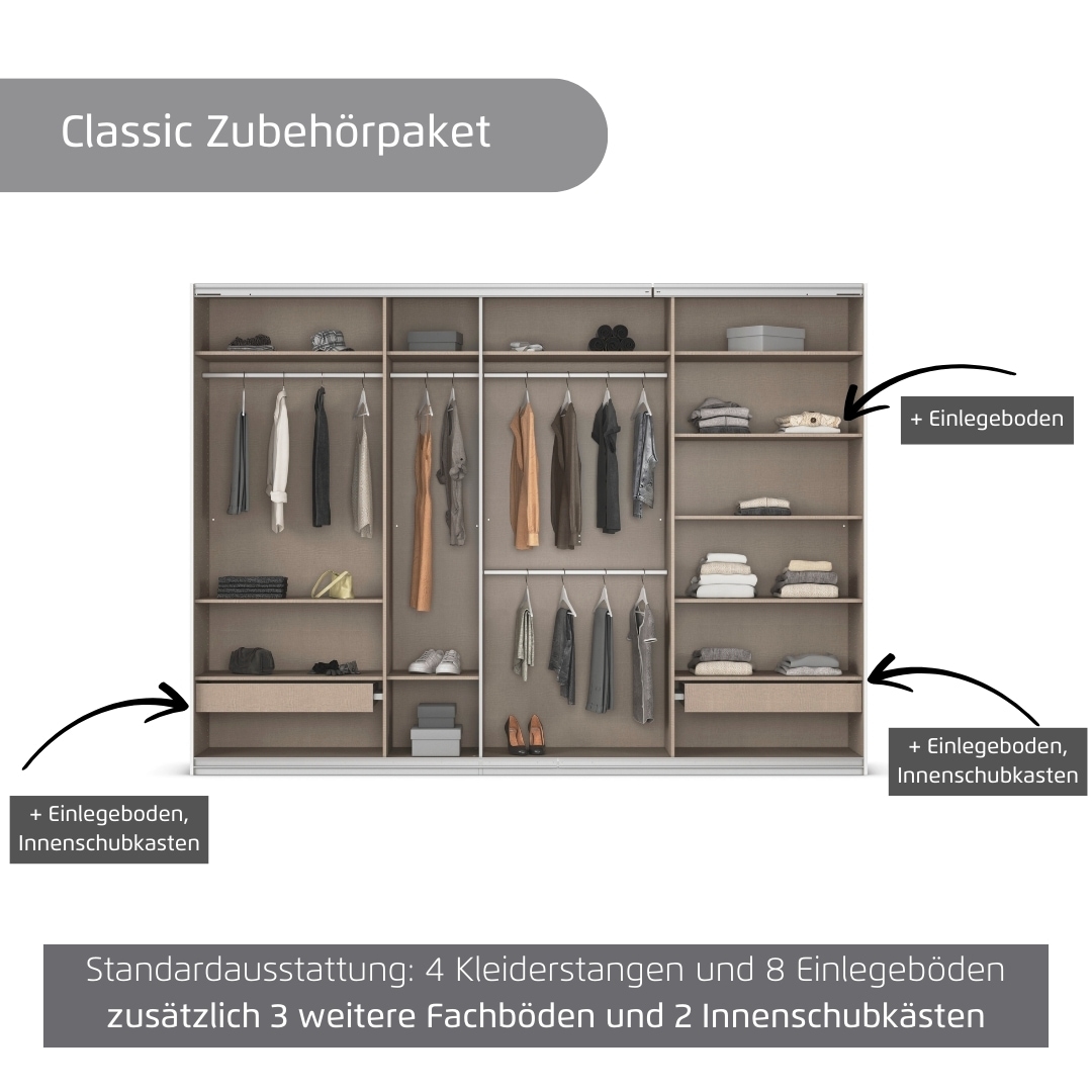 rauch Kleiderschrank »Schwebetürenschrank OTTO´s Choice Garderobe Schrank TOP ANGEBOT Avola«, (in 3 verschiedenen Ausstattungen BASIC/CLASSIC/PREMIUM), mit eleganten Zierleisten in Chrom, Schwarz oder Weiß MADE IN GERMANY
