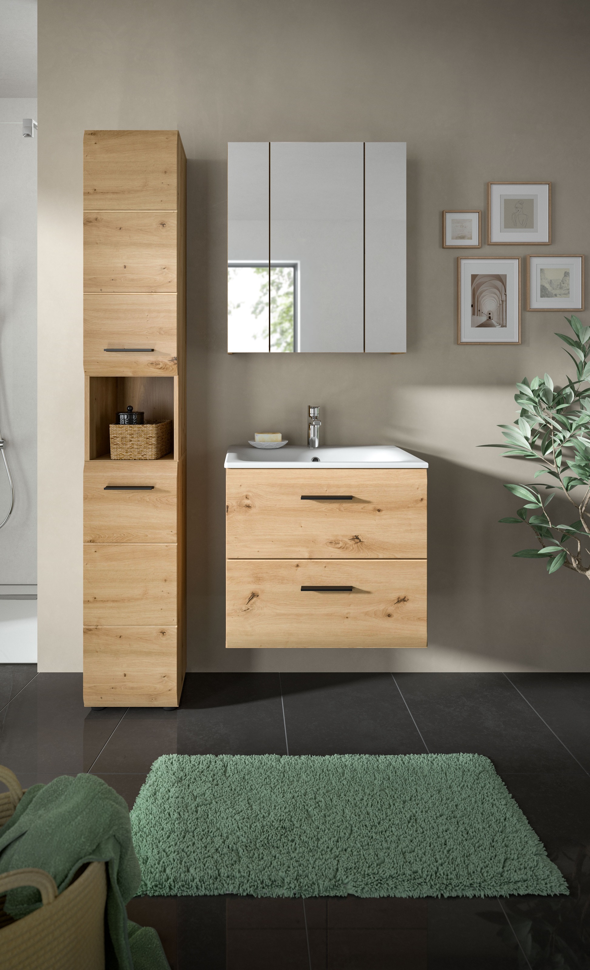 INOSIGN Badezimmer-Set, (Set, 4 St.), Florenz, Badkombination 4-tlg., Artisan Oak NB, inkl. Waschbecken