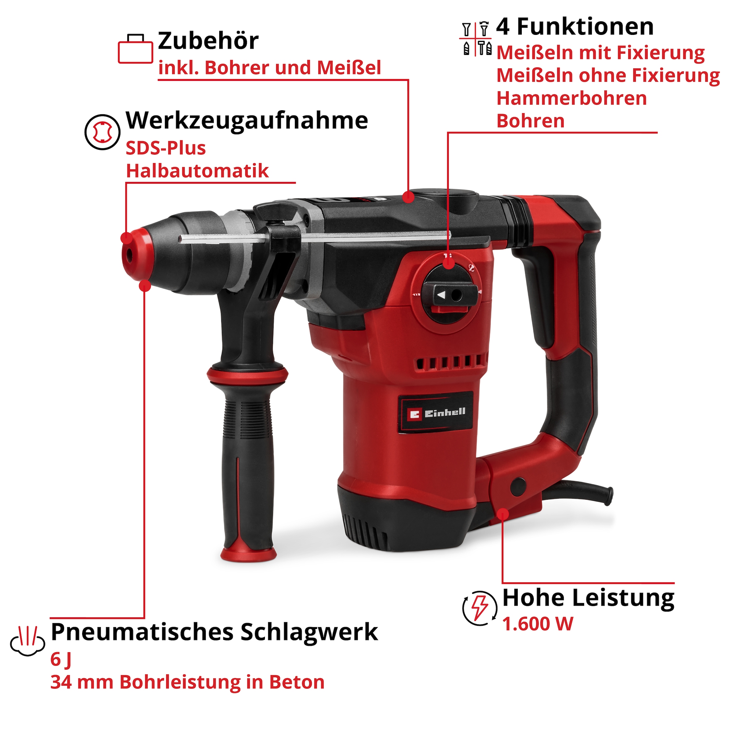Einhell Bohrhammer »TE-RH 34/6 4F +4« 1600 W, 6 J, SDS-plus, Schlagwerk, 4 Funktionen, Koffer, 3x Bohrer