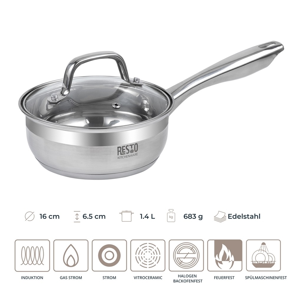 RESTO Kitchenware Kasserolle »Libra, Soßentopf 1,4 l, energiesparend und spülmaschinenfest«, Edelstahl 18/10, (2 tlg.), mit hitzebeständigem Glasdeckel und Griff