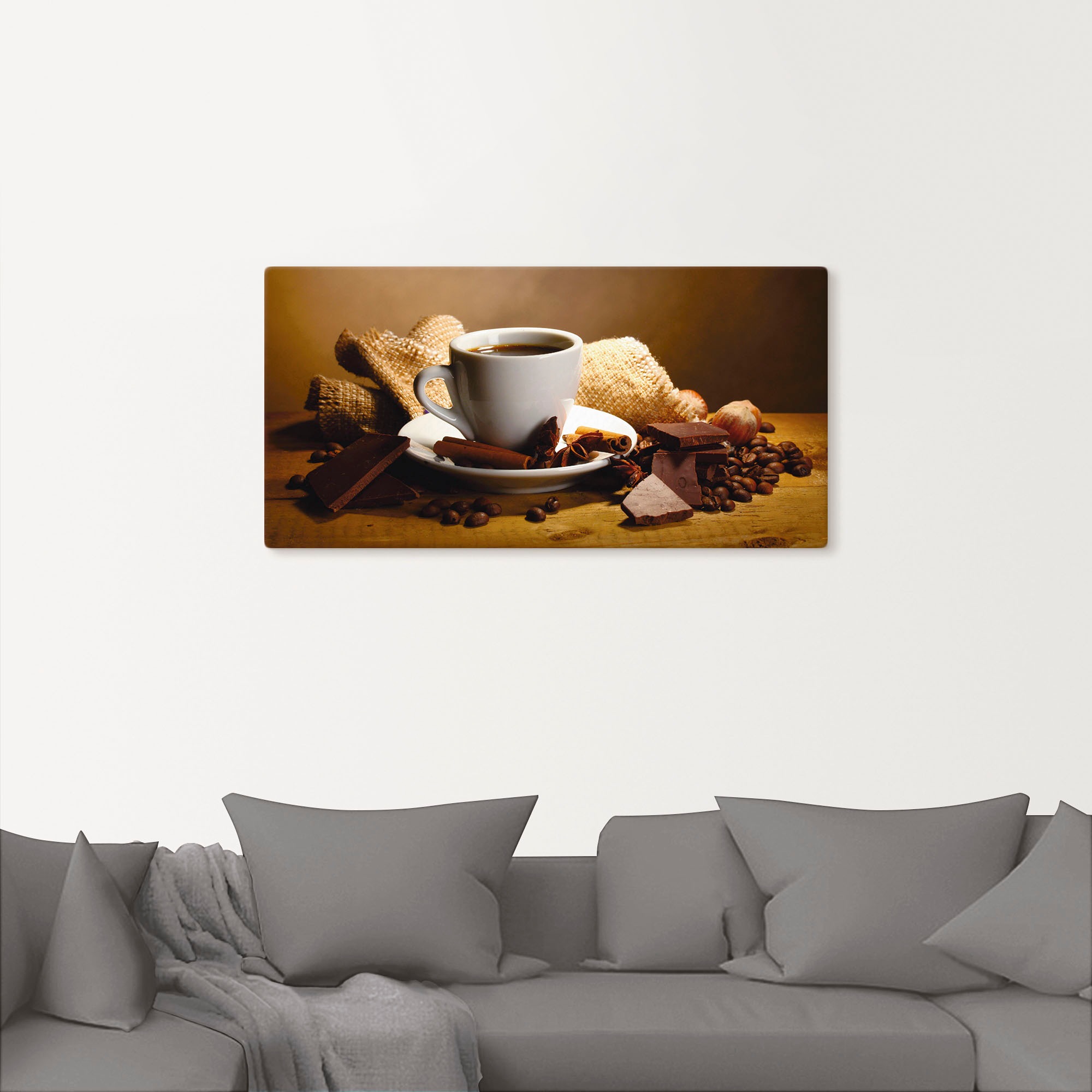Artland Wandbild "Kaffeetasse Zimtstange Nüsse Schokolade" Getränke 1 Stk. günstig online kaufen