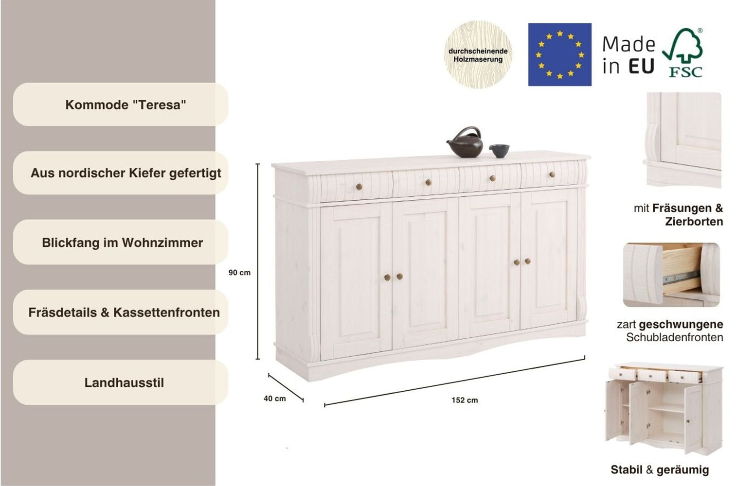 Home affaire Sideboard »Teresa«, (Maße (B/T/H): 152/37/90 cm), Kommode, 4-türig, Breite 152 cm, aus massiver Kiefer, FSC®