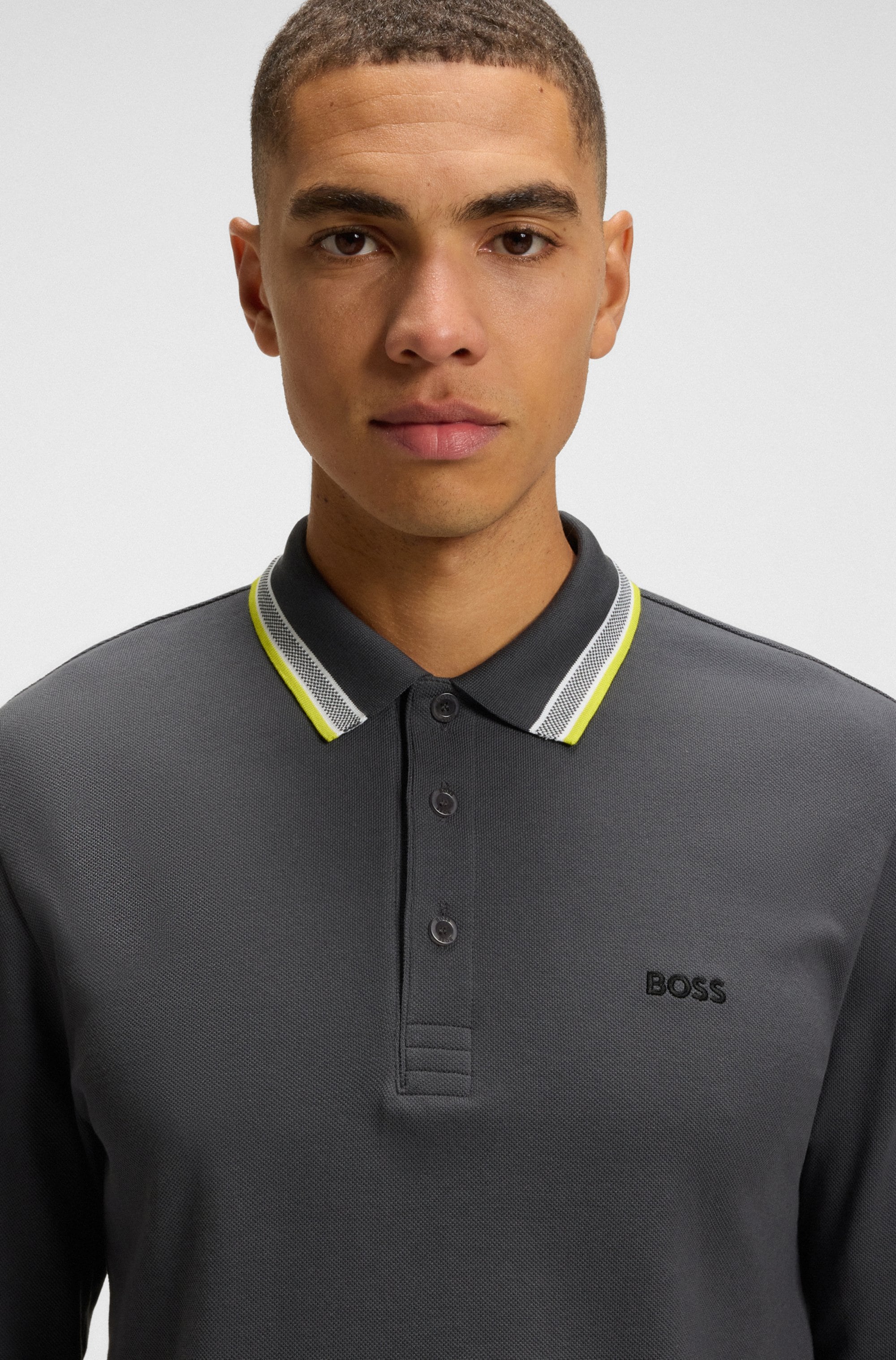 BOSS GREEN Langarm-Poloshirt »Plisy«, mit Streifen am Kragen