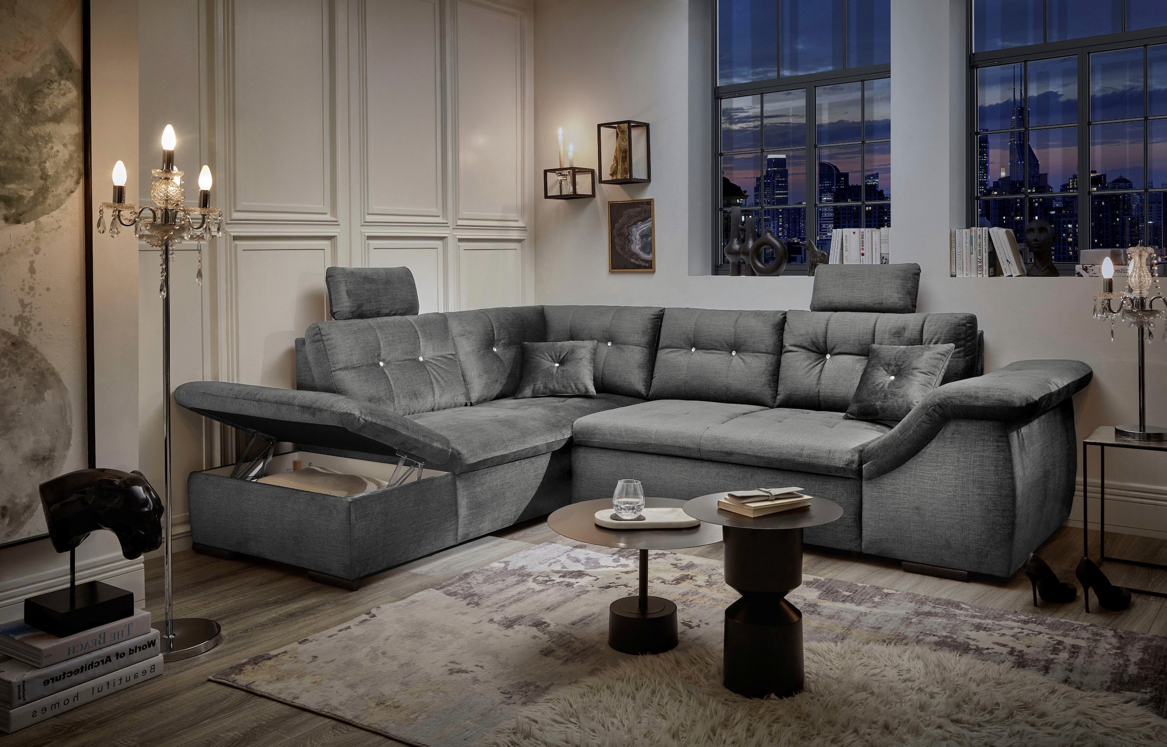 ED EXCITING DESIGN Ecksofa »Bolonia L-Form«, mit Bettfunktion, Bettkasten, Kopfstützen & 2 Zierkissen, Strasstein