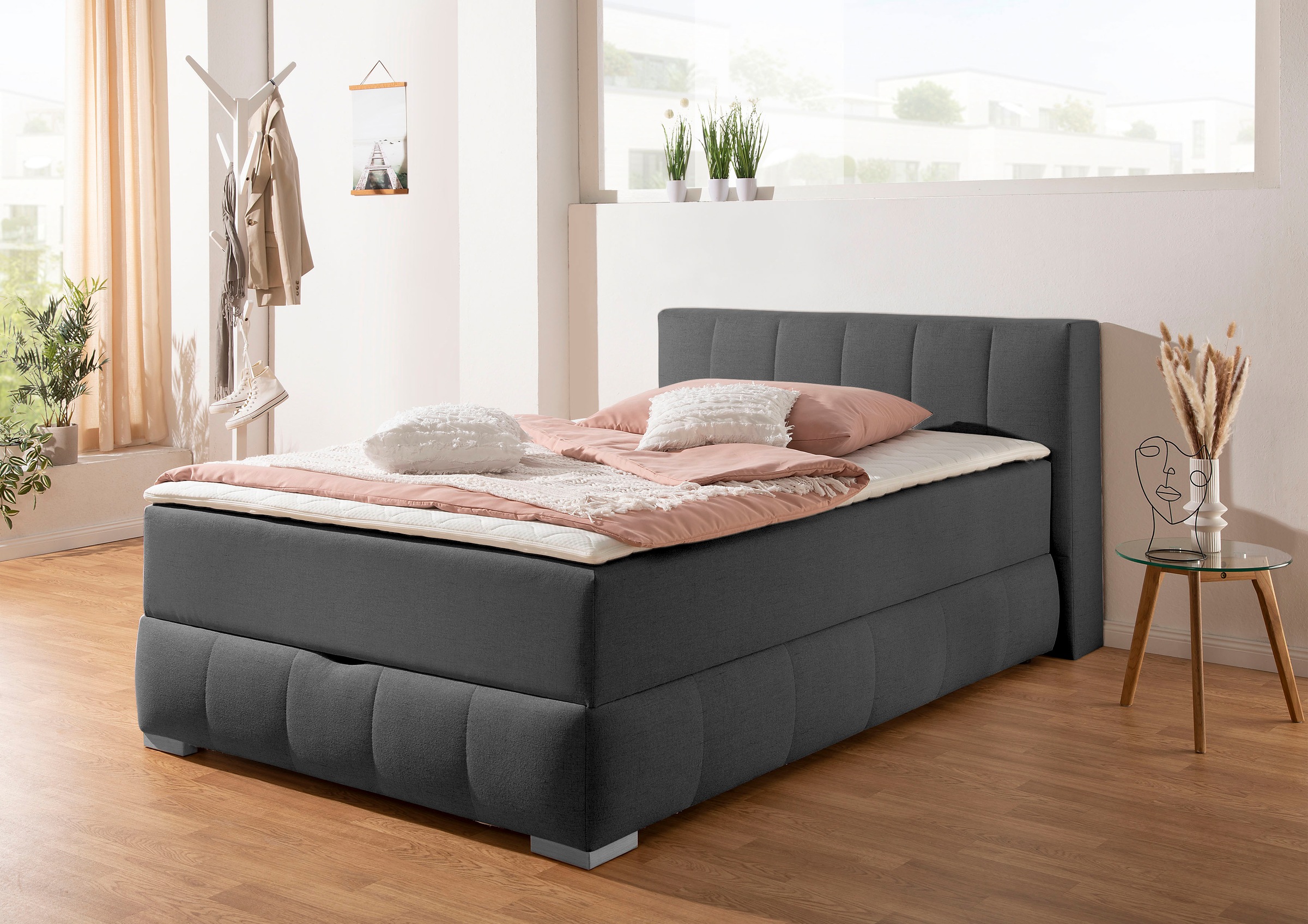 Boxbett HOME AFFAIRE "Chelles", grau (anthrazit), B:147cm L:225cm, Komplettbetten, inkl. Topper und Bettkasten