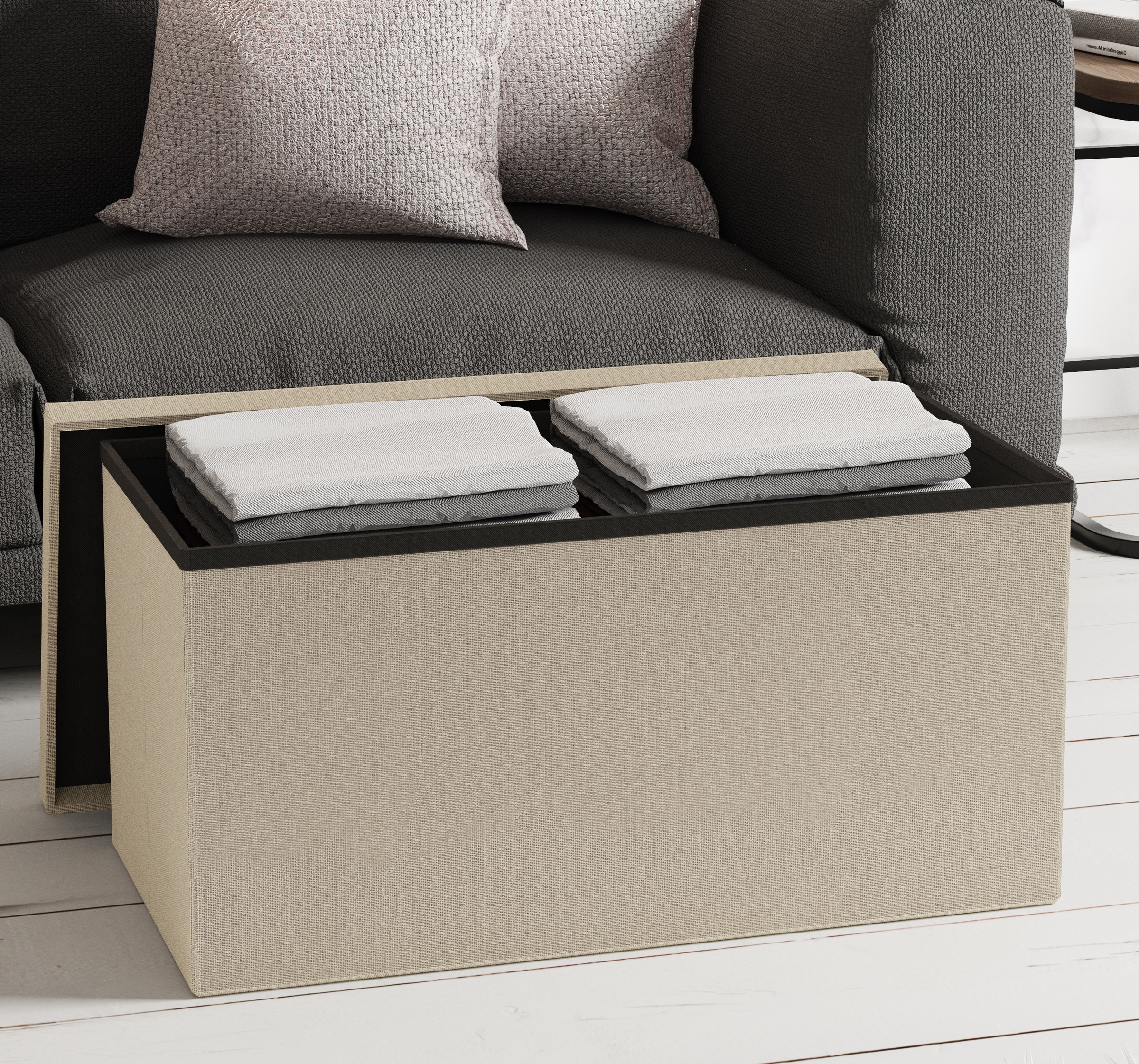 Sitztruhe VCM "Stoff Sitztruhe Sitzbank Aufbewahrungsbox Boxas", beige (creme), B:76cm T:38cm, Obermaterial: 100% Textilmaterial TEXMAT., Sitzbänke 3
