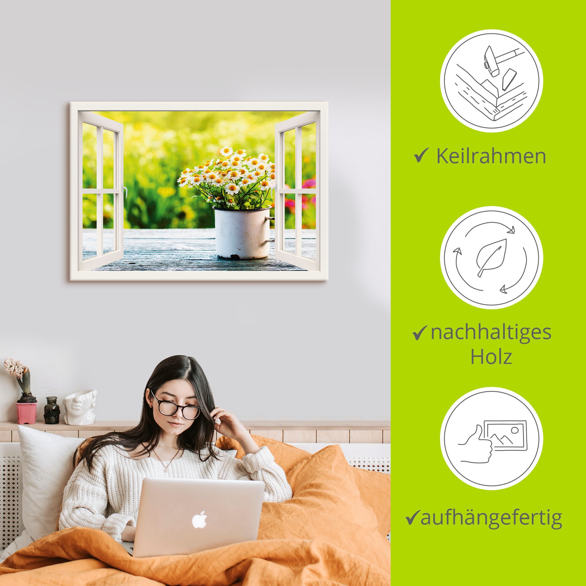 Artland Wandbild »Fensterblick Garten mit Gänseblümchen«, Blumen, (1 St.), als Alubild, Outdoorbild, Leinwandbild, Wandaufkleber, versch. Größen