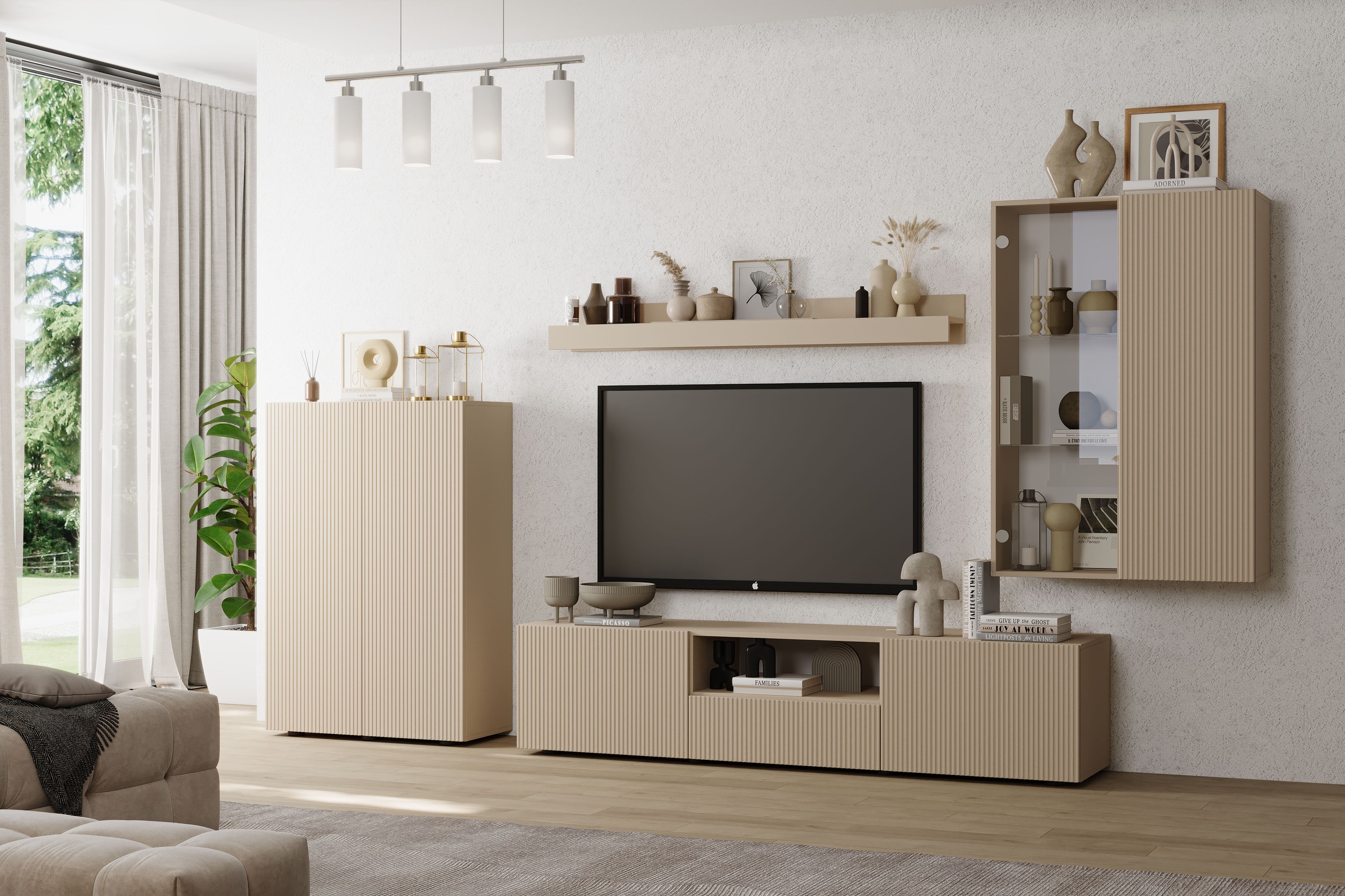 INOSIGN Wohnwand »Rio, 4tlg. Breite 300 cm, modernes, elegantes Wohnzimmer-Set«, (4 St.), (Lowboard, Highboard, Hängevitrine, Wandboard), Front geriffelt