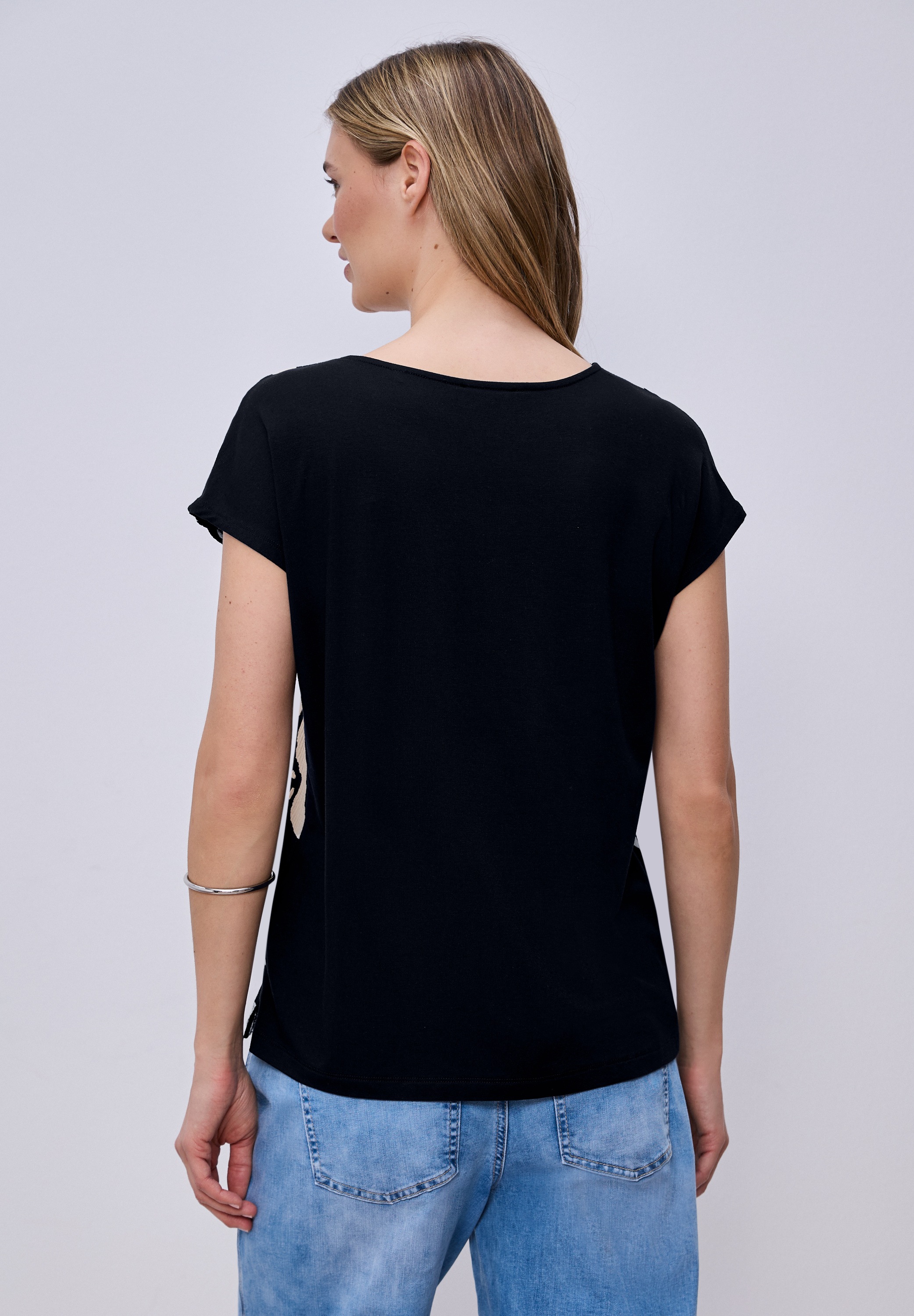 Print-Shirt STREET ONE, Damen, Gr. 46, shadowed navy, Stoff, 95% Viskose, 5% Elasthan, unifarben, comfort fit normal, V-Ausschnitt, abgesteppt, Shirts, mit Frontprint 2