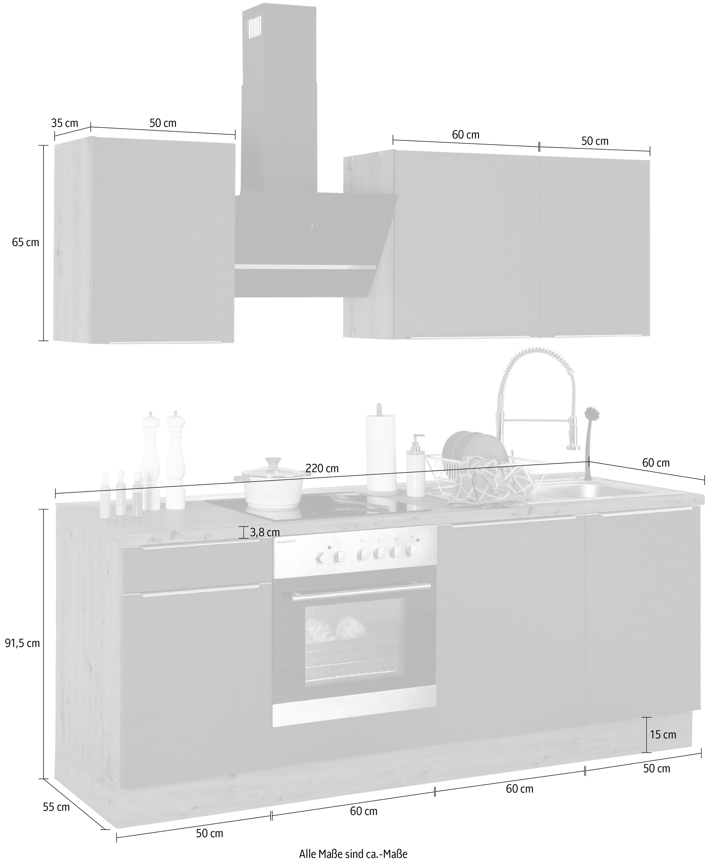 RESPEKTA Küchenzeile »Safado aus der Serie Marleen«, hochwertige Ausstattung  wie Soft Close Funktion, Breite 220 cm kaufen | BAUR