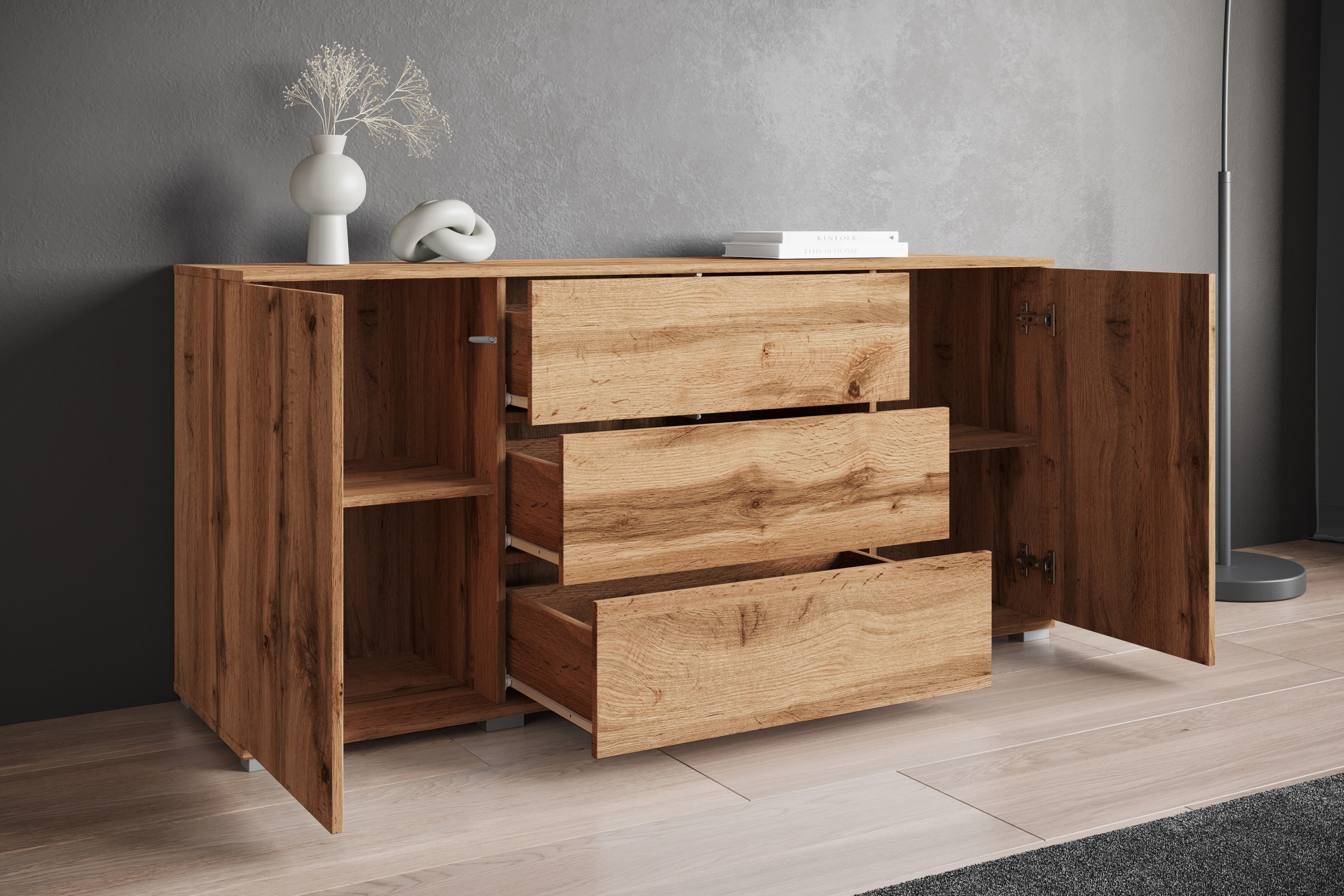 INOSIGN Sideboard »Kenia«, (1 St.), Modernes Sideboard mit 3 Schubladen und 4 Fächern, Breite 150 cm