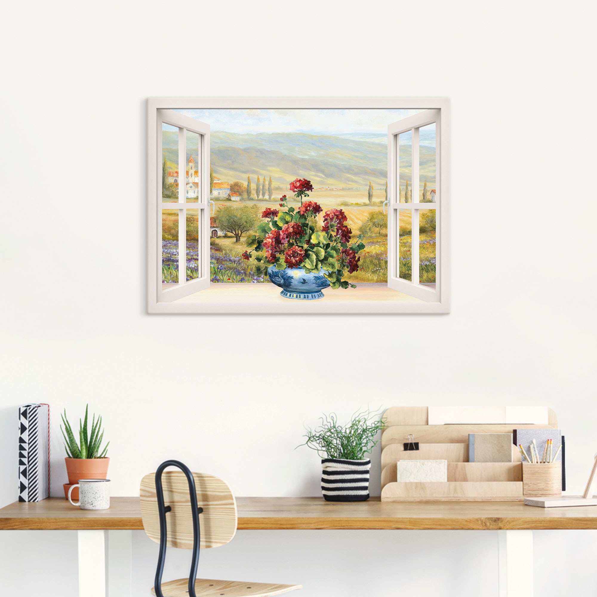 Artland Leinwandbild »Blumenbouquet am weißen Fenster«, Fensterblick, (1 St.), auf Keilrahmen gespannt