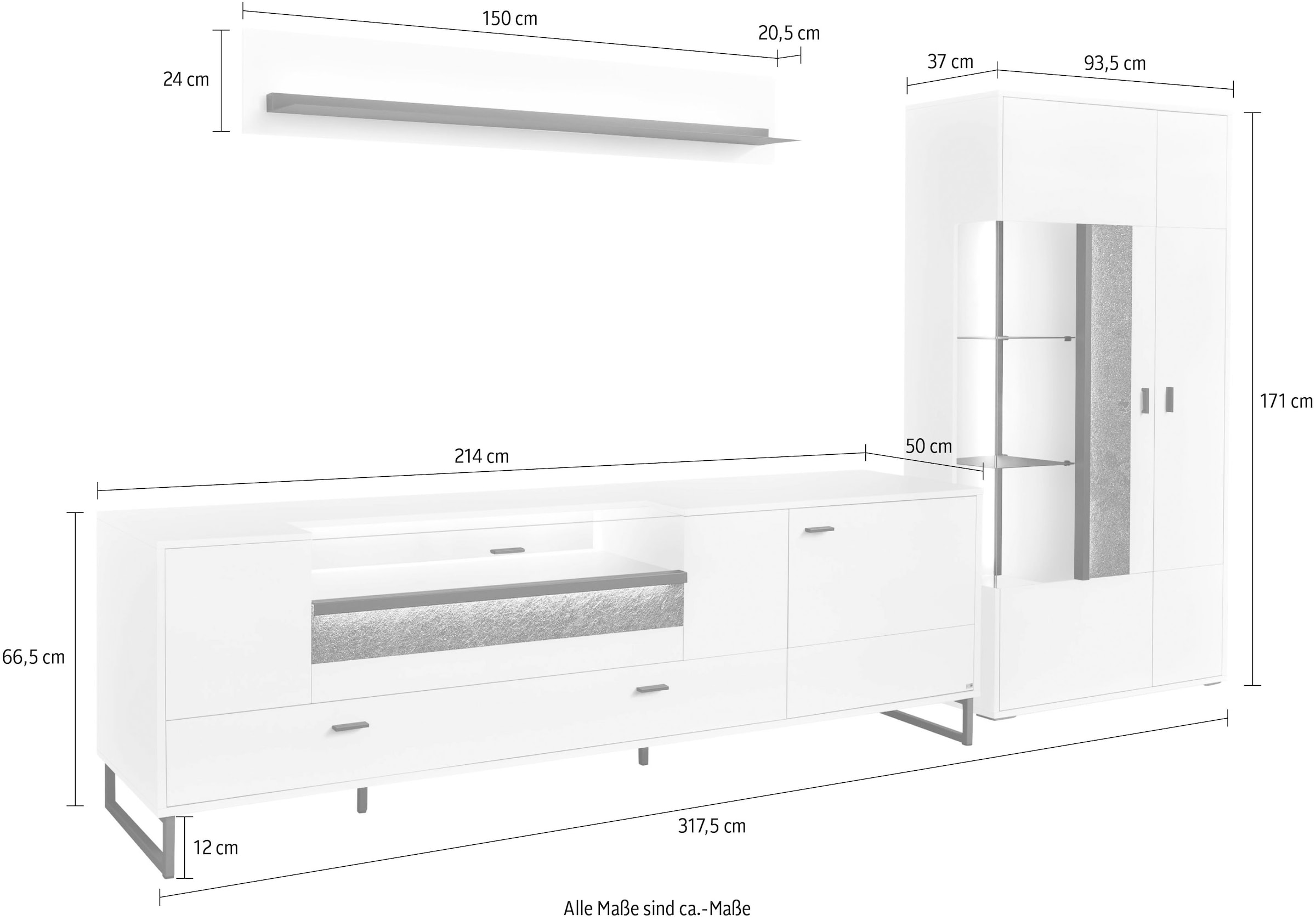 set one by Musterring TV-Wand »Deltona«, (3 St.), Zierelemente aus Sandstein, inkl. Beleuchtung, Gesamtbreite ca. 317 cm