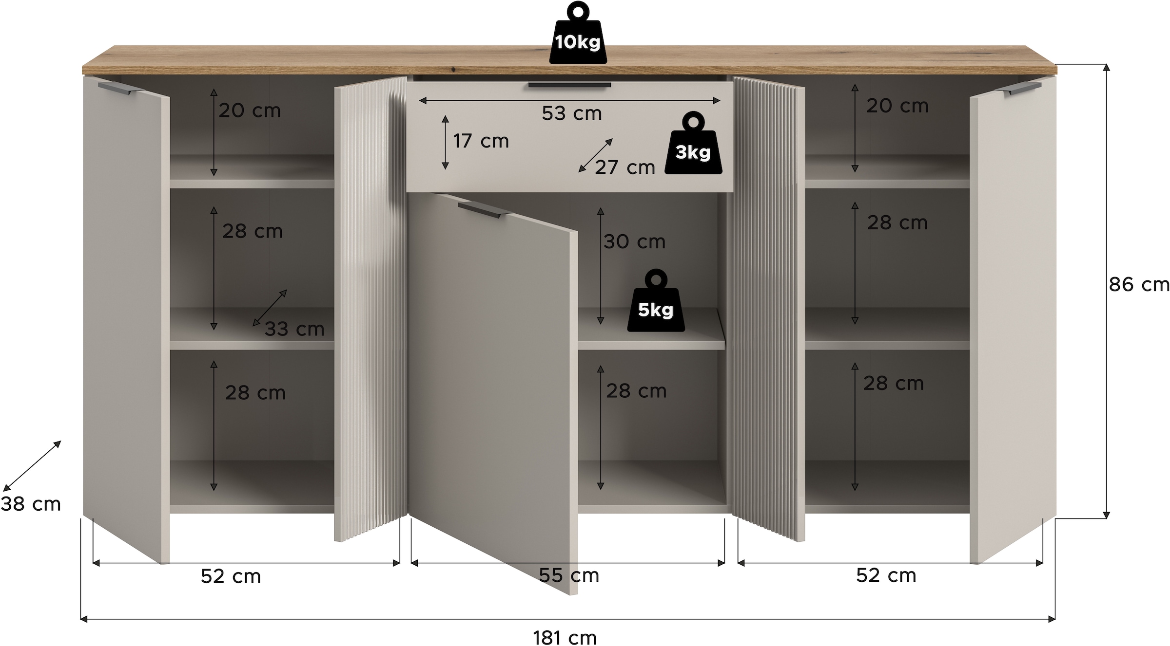 Home affaire Sideboard »EDIL, Breite 140 cm, 2 Türen, 4 Schubkästen, 2 Einlegeböden, 3 Fächer« Garderobenschrank, Schuhschrank, Schuhkommode, Kommode, Anrichte
