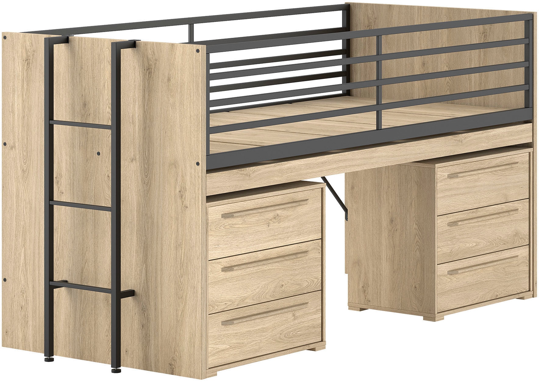Vipack Stauraumbett »Sam, schlafen und arbeiten in einem, wahlweise Eiche- oder Weiß-Dekor« Liegefläche 90x200 cm, darunter eine große ausziehbare Schreibplatte,  mit Absturzschutz, Leiter u. Stauraum, pflegeleichte Dekor Oberfläche