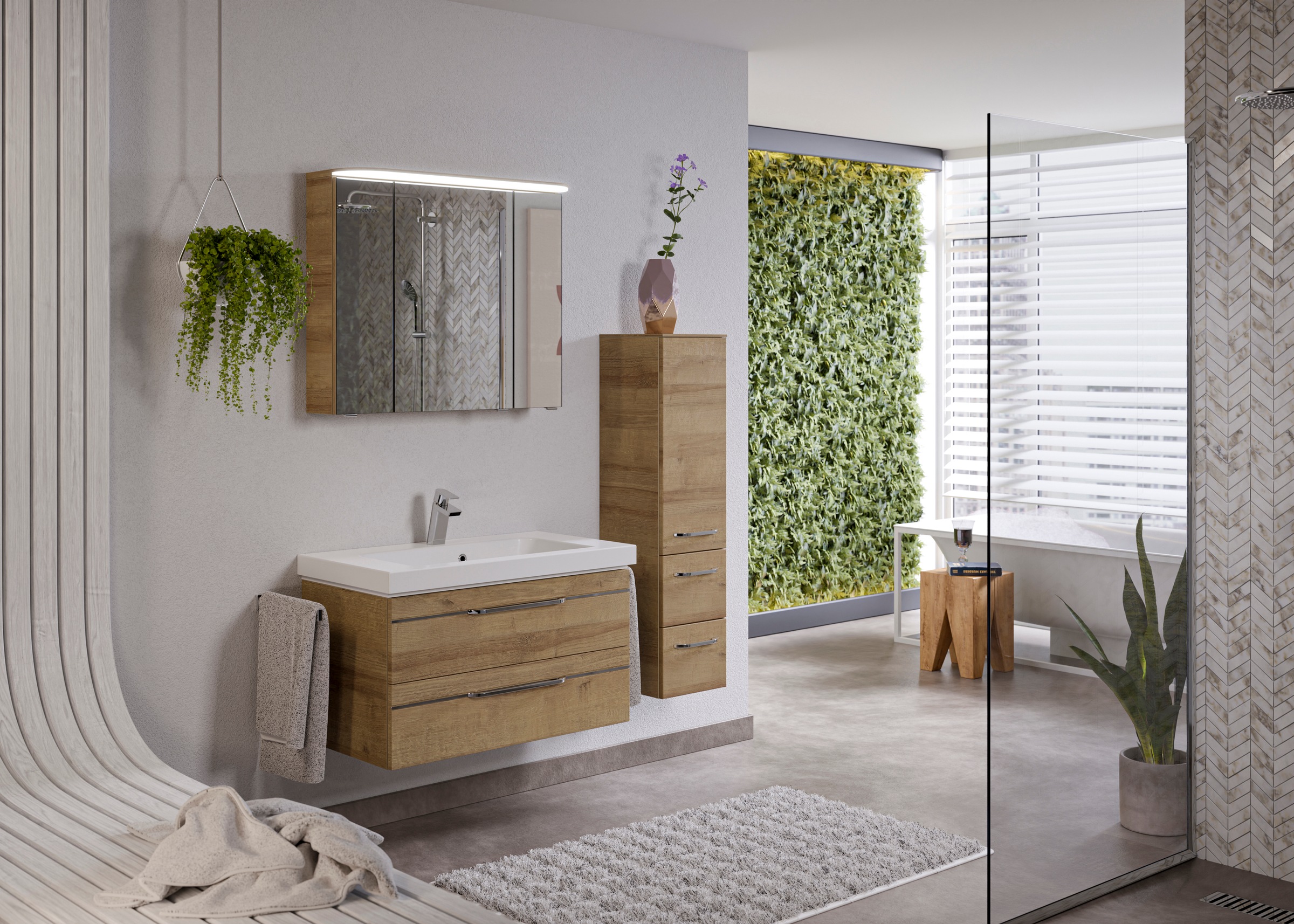 Saphir Badmöbel-Set »Balto Sprint 3-teilig, Mineralmarmor-Waschtisch mit LED-Spiegelschrank«, (4 St.), Badezimmer Set mit Midischrank, inkl Türdämpfer, 4 Türen, 4 Schubladen
