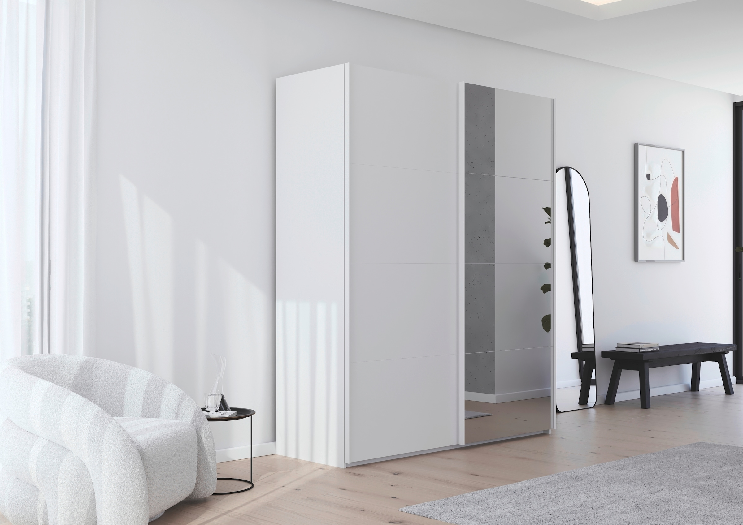 rauch Schwebetürenschrank »Kleiderschrank Schrank Garderobe Schlafzimmerschrank SCALE-FYRA«, edle viergeteilte Türen mit Spiegel und vielen Farben MADE IN GERMANY
