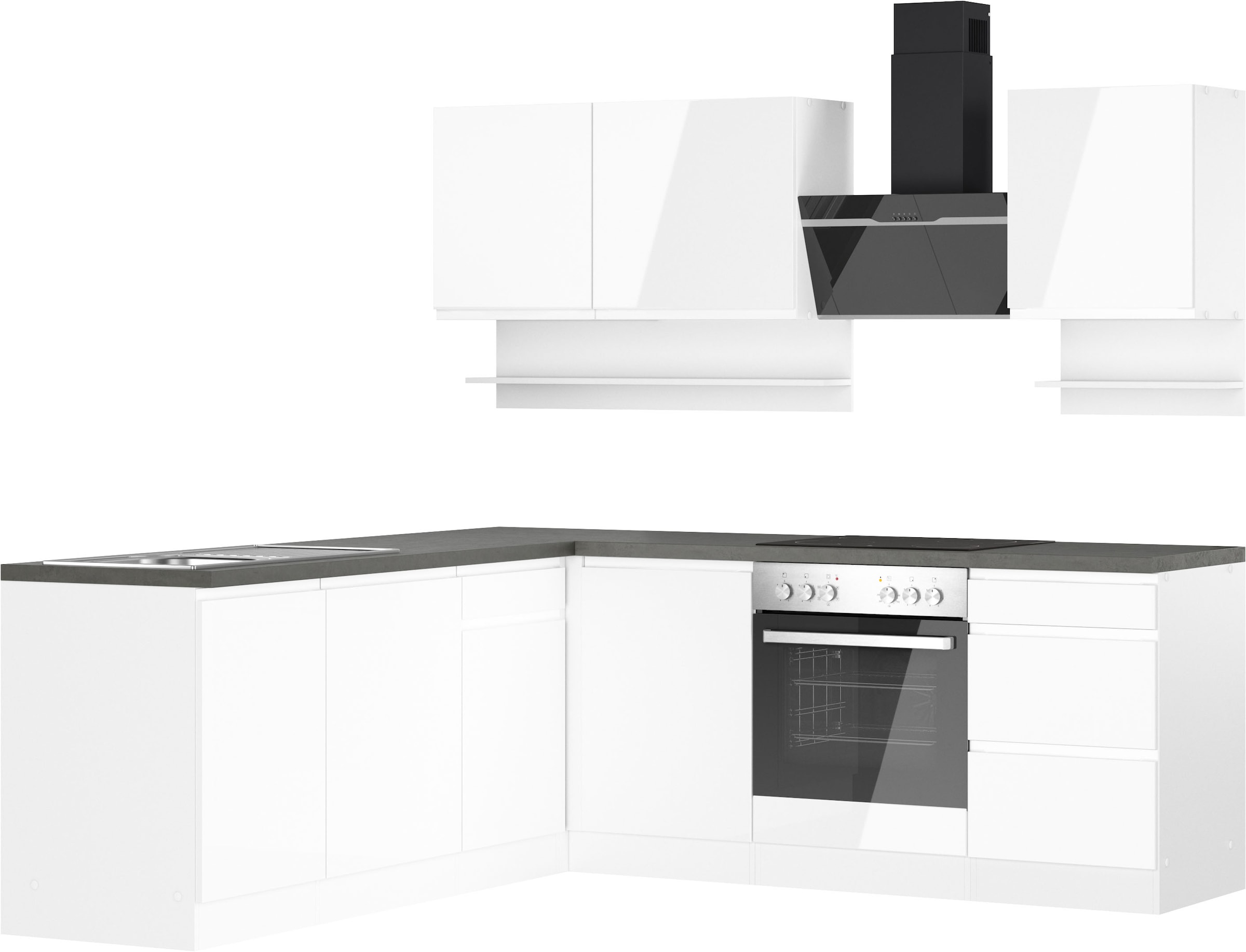 KOCHSTATION Winkelküche »KS-Virginia,neu in verbesserter Ausführung« Arbeitsplatte 38 mm stark, Stauraum, Softclose,  Stellbreite 220/220 cm, Soft-Close,wahlweise mit E-Geräten
