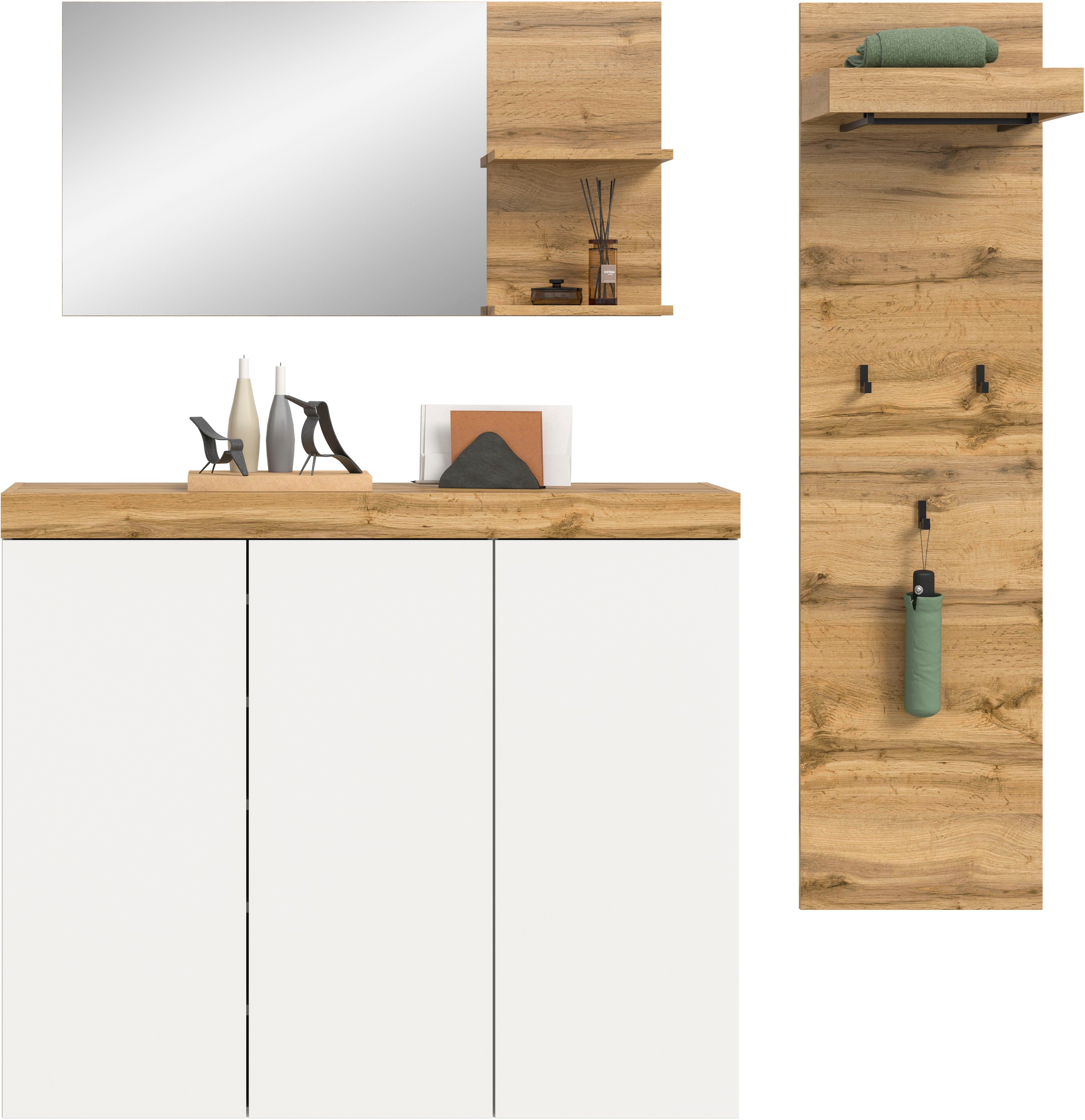 OTTO home Garderoben-Set »MAMBO, TOPSELLER!, 3-teilige Kombination, stehend & hängend montierbar« bestehend aus: Kommode, Spiegel, Garderobenpaneel, 3 Stk. tlg.