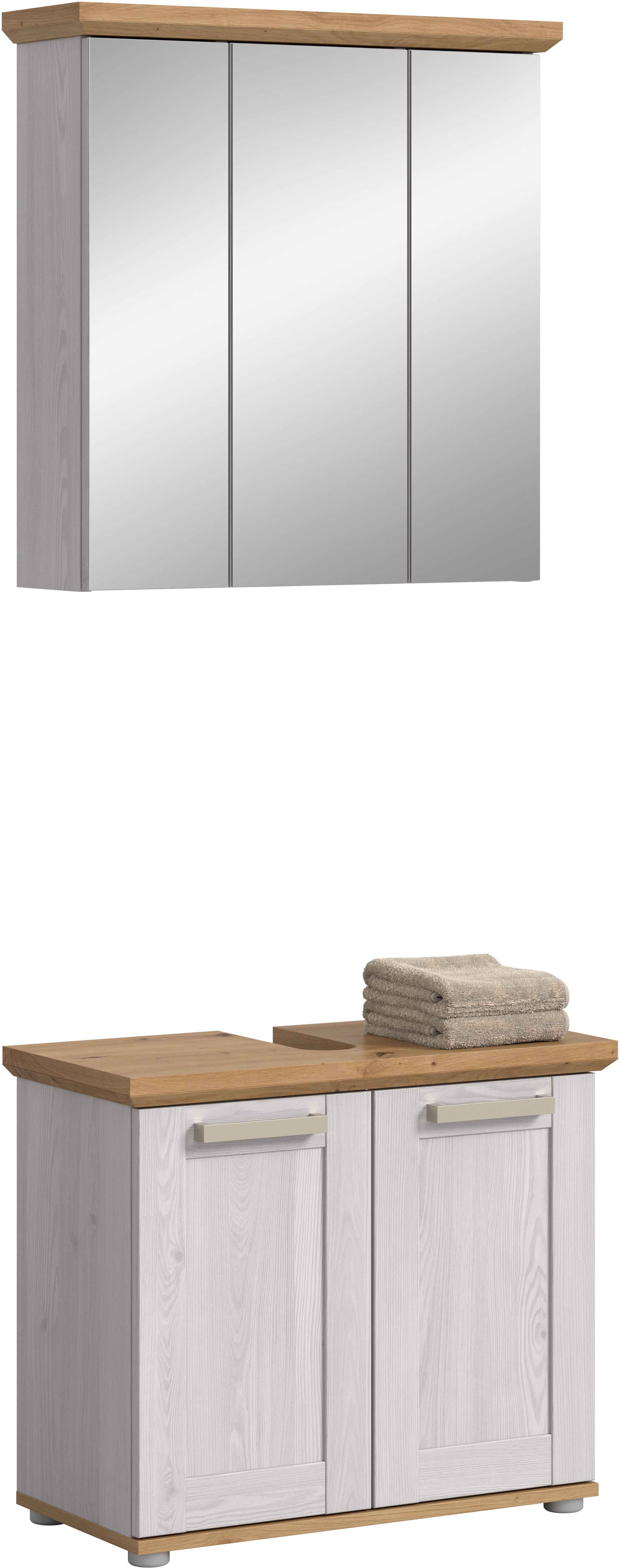 welltime Badmöbel-Set "COSENZA, 2-teilig, in Landhausoptik, mit farblich abgesetztem Kranz" bestehend aus: Spiegelschrank und Waschbeckenunterschrank, 2 Stk. tlg.