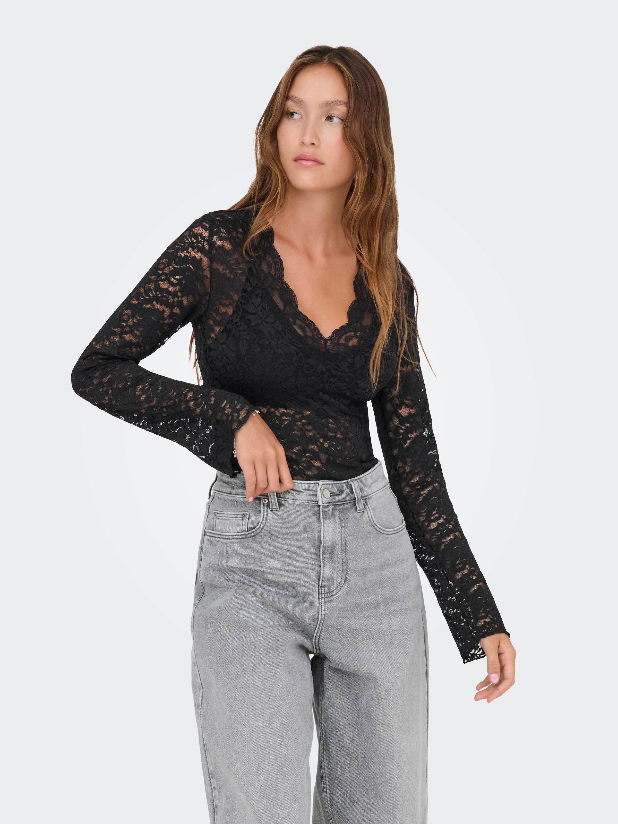 ONLY Spitzenshirt "ONLNIKKA L/S LACE TOP JRS NOOS" Materialmix
