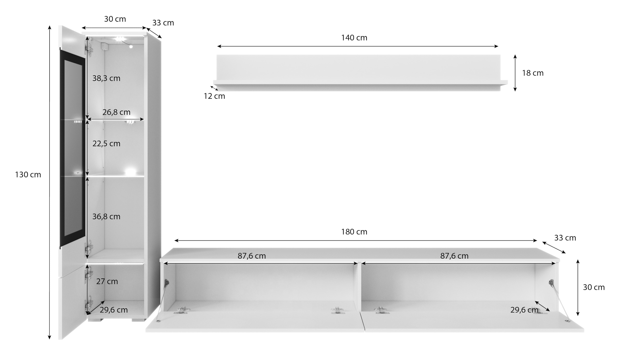 INOSIGN Wohnwand »VERA I, Vitrinen Türanschlag links/rechts wechselbar«, (Komplett-Set, 3 St.), Mediawand 230 cm, Vitrine mit Verglasung, stehend und hängend