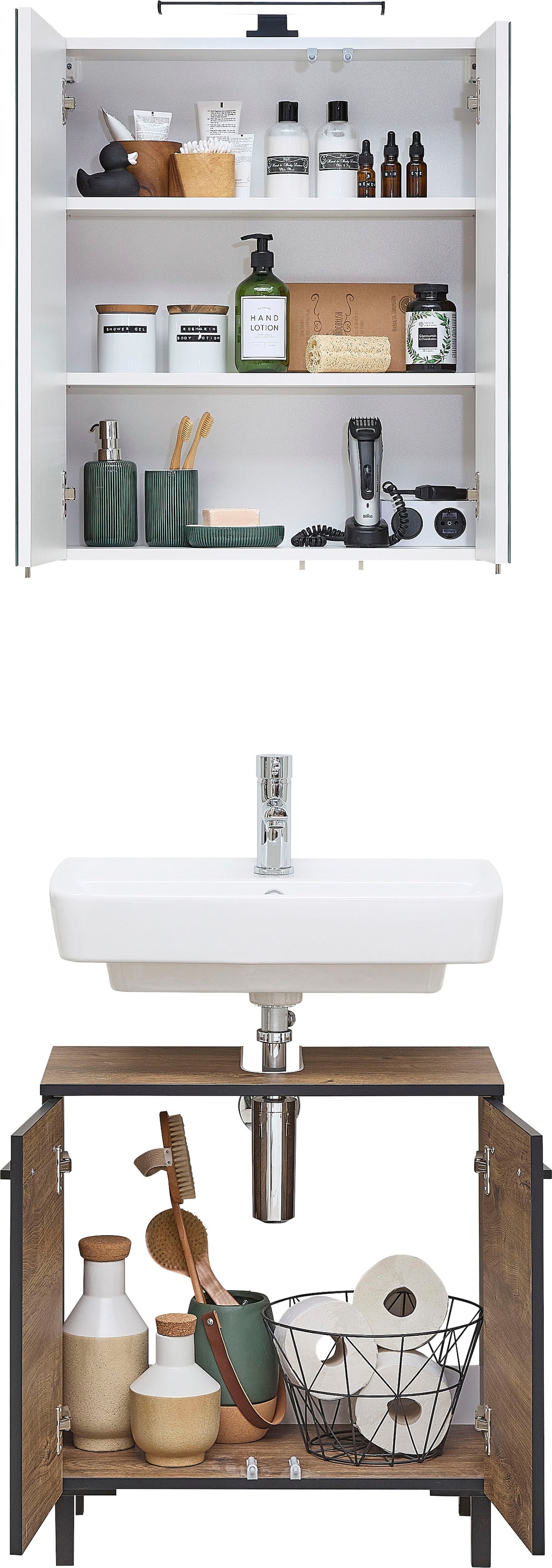 Saphir Badmöbel-Set »Quickset 374 Waschbeckenunterschrank mit LED-Spiegelschrank«, (4 St.), Waschplatz 60 cm breit, inkl. Türdämpfer, 4 Türen, Bad-Set