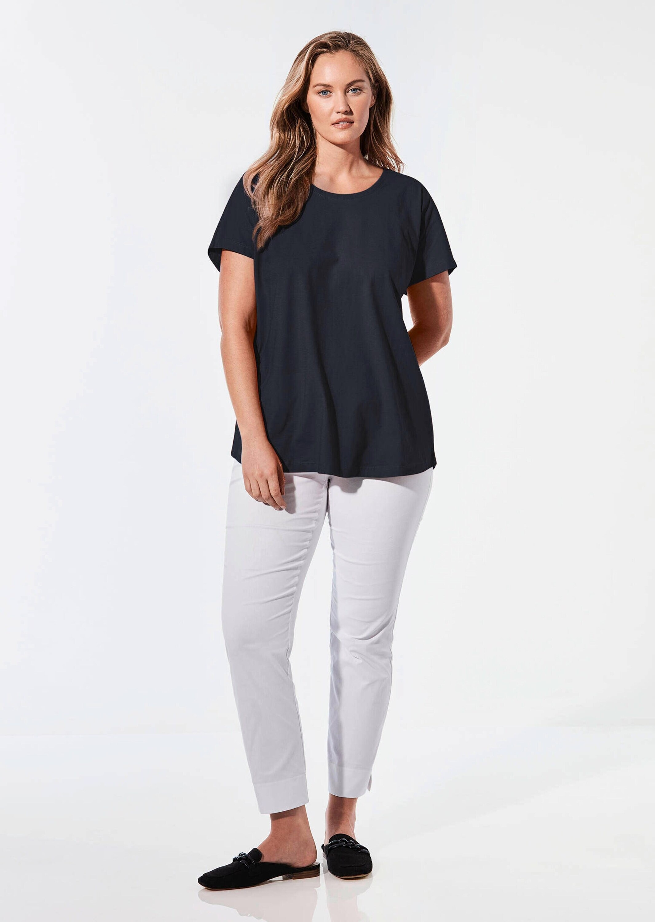 Kurzarmshirt GOLDNER "Shirt mit Rundhalsausschnitt", Damen, Gr. 50/52, blau (marine), Obermaterial: 100% Baumwolle CO., Gerade, Shirts, Tiefer Rundhalsausschnitt 2