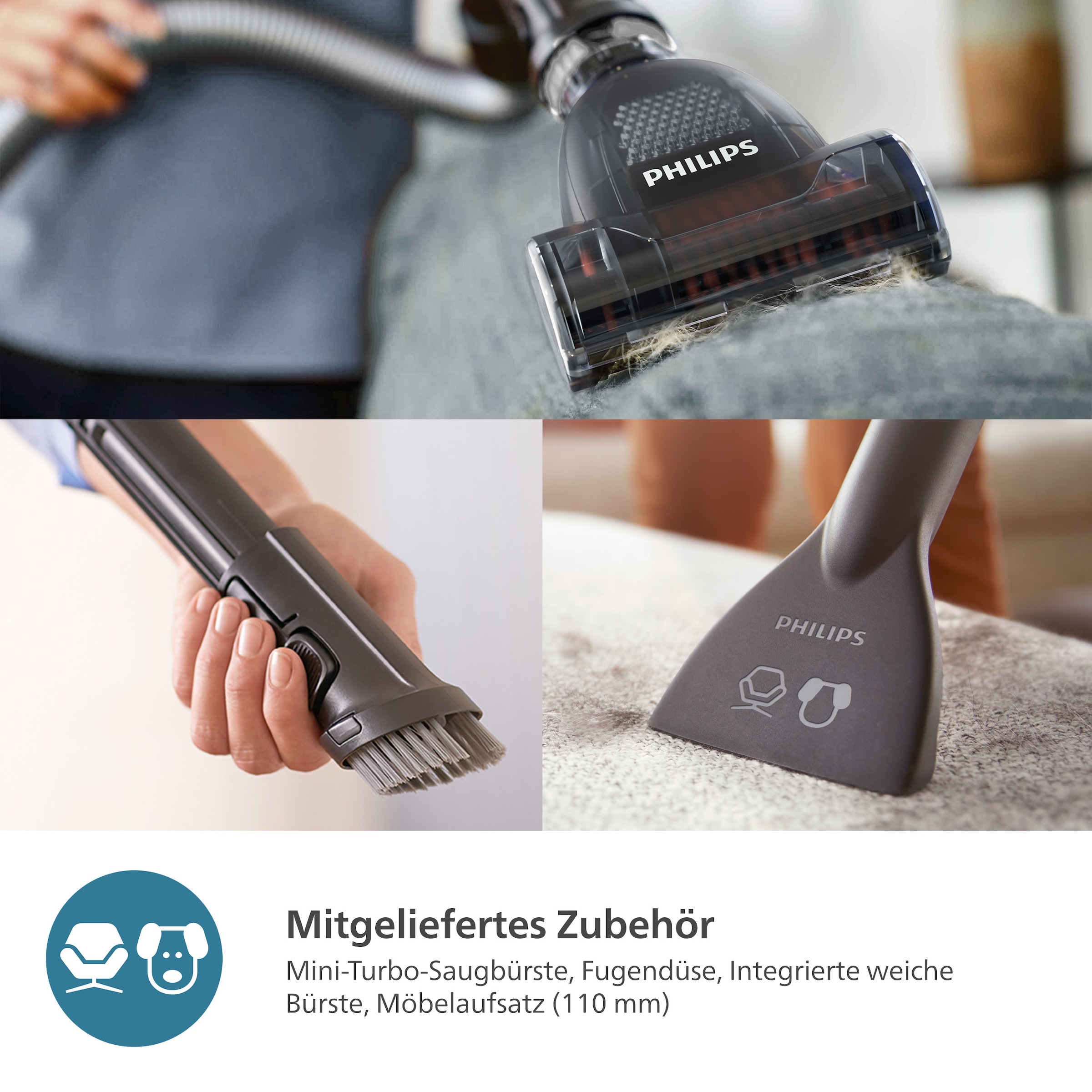 Philips Bodenstaubsauger »XD6142/12 6000 Serie, der Tierfreund mit spezieller Mini-Pet-Düse«, 900 W, mit Beutel, HEPA-Allergiefilter, TriActive+ LED-Düse, 4 l; Tiefschwarz glänzend