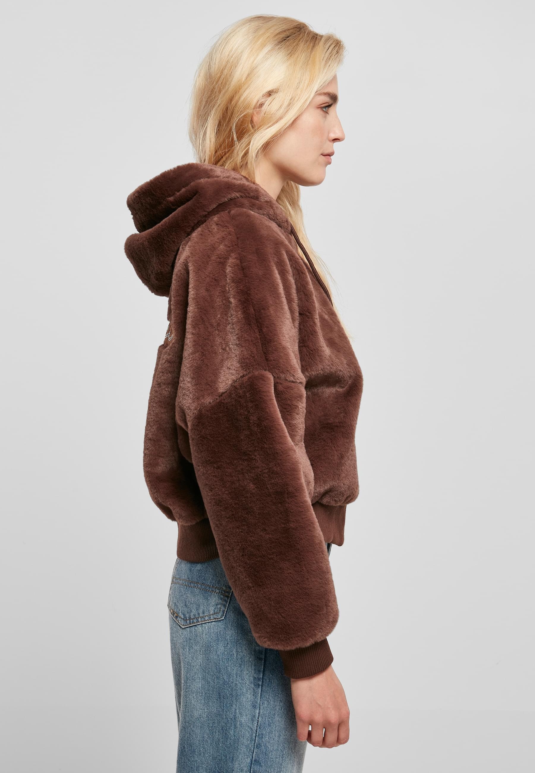 Fubu Collegejacke »Fubu Damen FW224-022-1 Signature Rhinestone Fur Jacket brown« 1 Stk. tlg. mit Kapuze