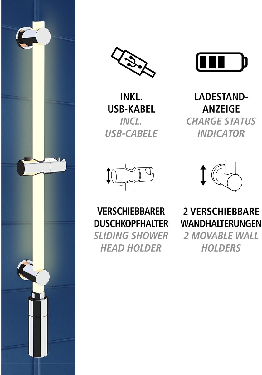 WENKO Duschstange »Brausestange mit LED Beleuchtung«, Länge: 74 cm, Warmweiß, inkl. wiederaufladbarer Einheit