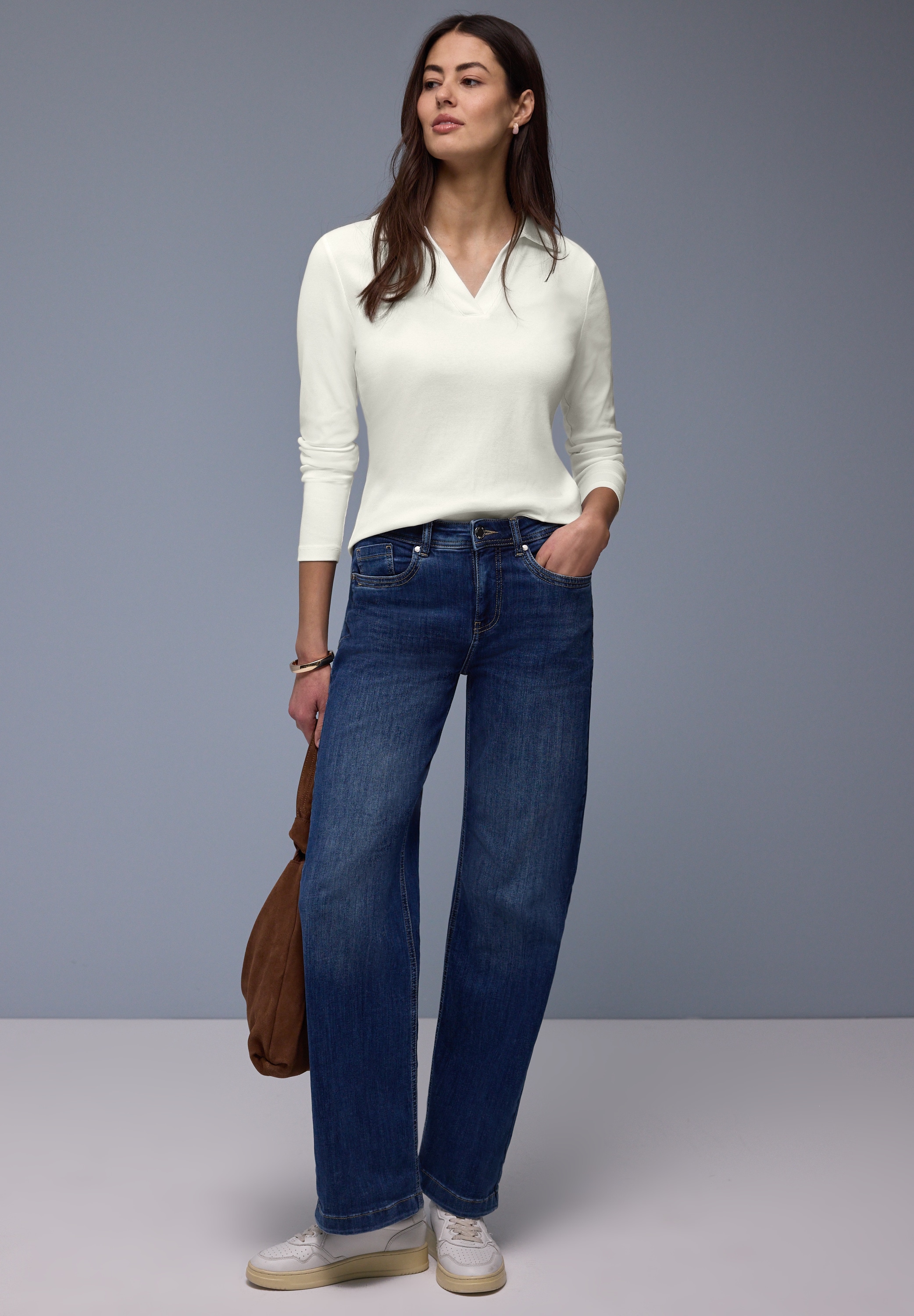 STREET ONE Langarm-Poloshirt in Melange-Optik und mit Ripp-Struktur