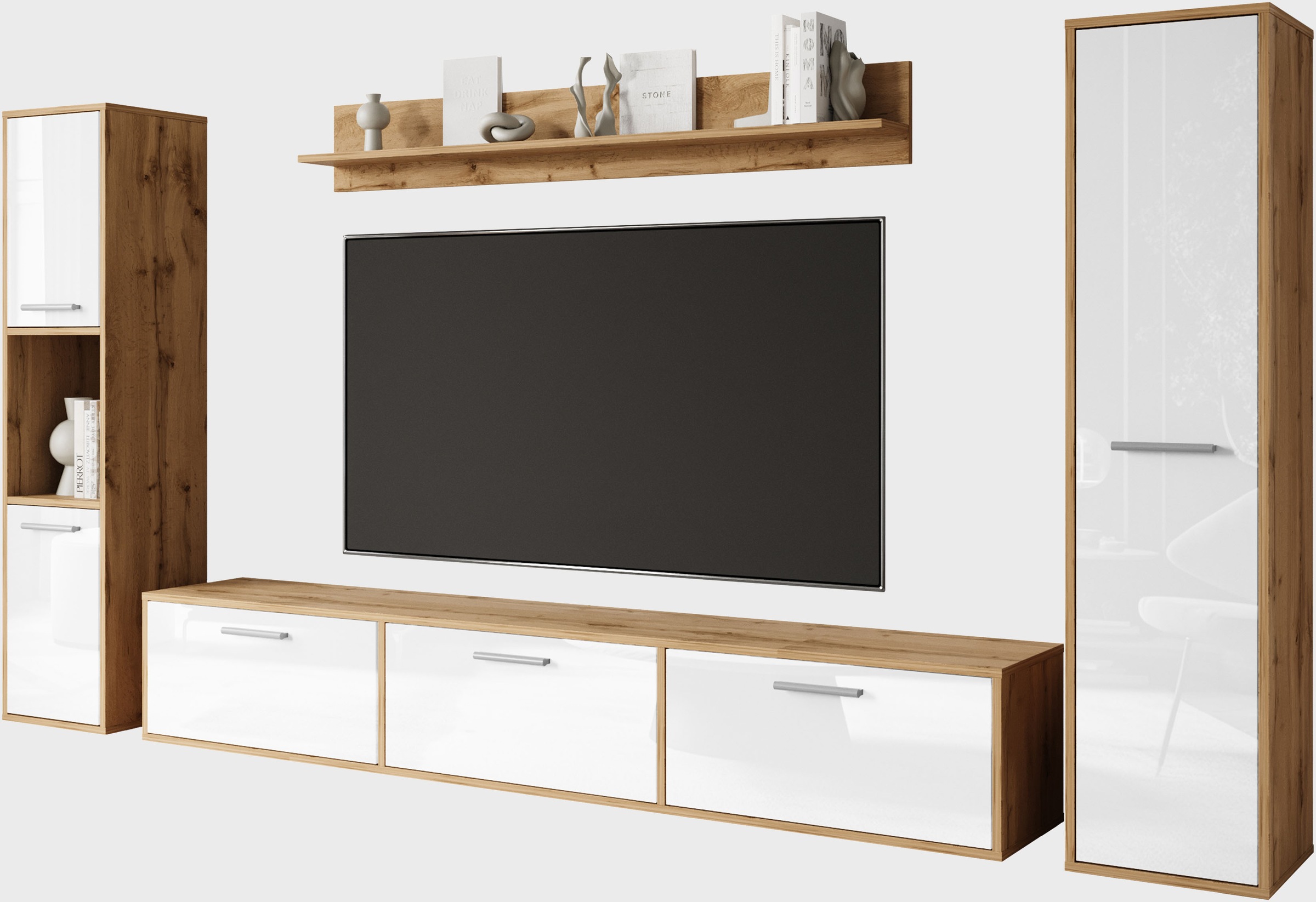 INOSIGN Wohnwand »BOGOTA XL, Vitrine Türanschlag links/rechts wechselbar«, (Komplett-Set, 4 St.), viel Stauraum, hängend und stehend montierbar