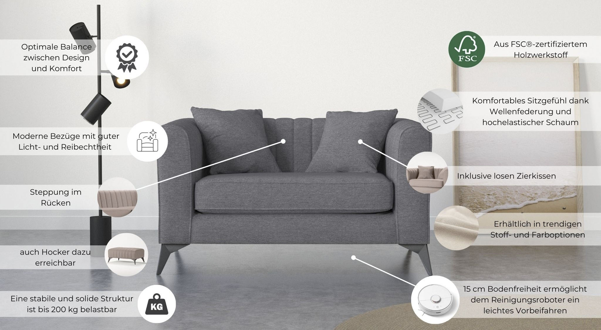 Thumbnail - Places of Style Loveseat "MATTHEW Loungesessel, Maße B/T/H: 130/86/74 cm", incl. Zierkissen, feine Steppung im Rücken, b...