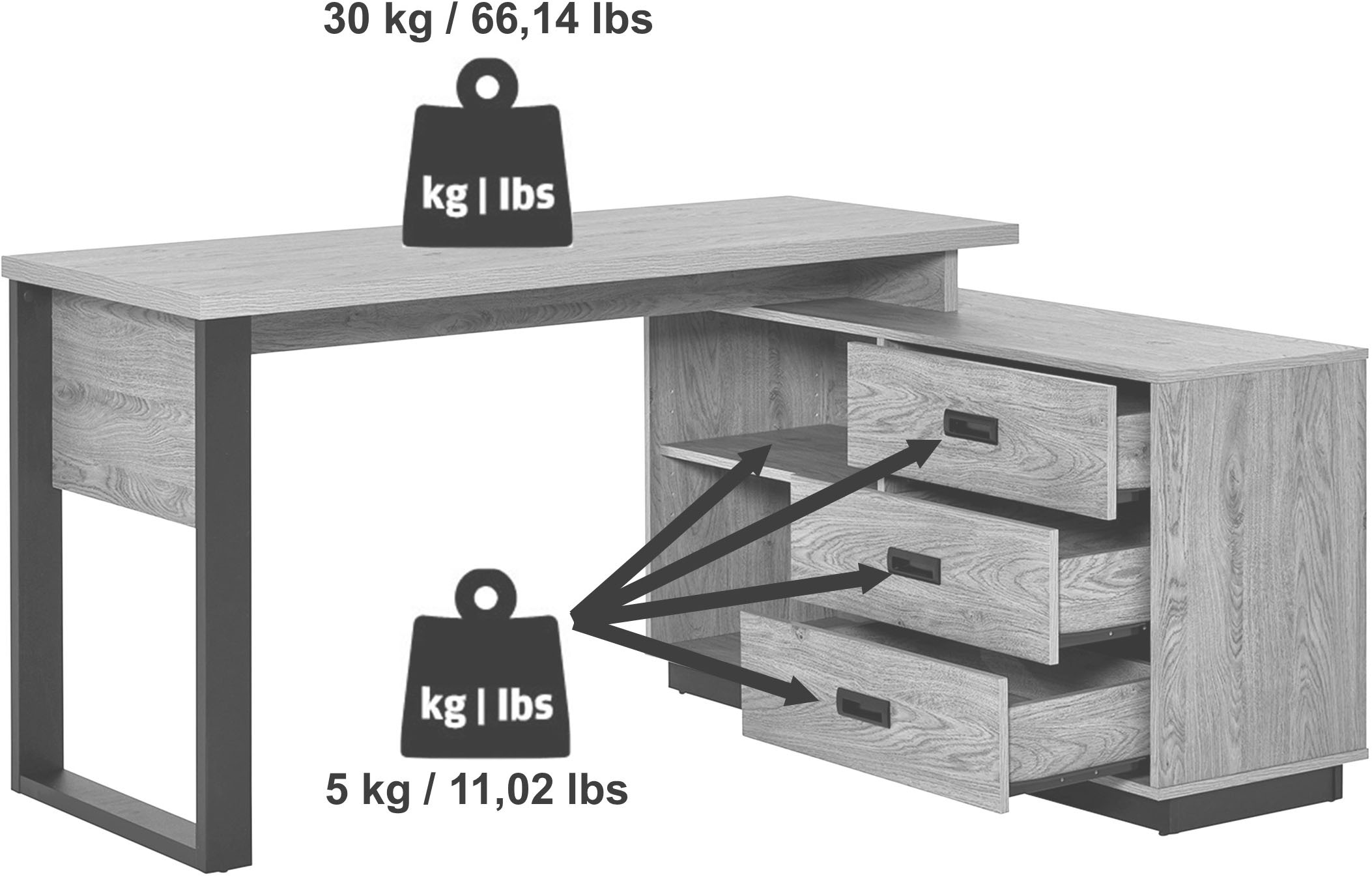 Jahnke Eckschreibtisch »RIVA C 150 E«, (1 St.), wechselseitig montierbar, Stauraum & Kabeldurchführung, Breite 150 cm