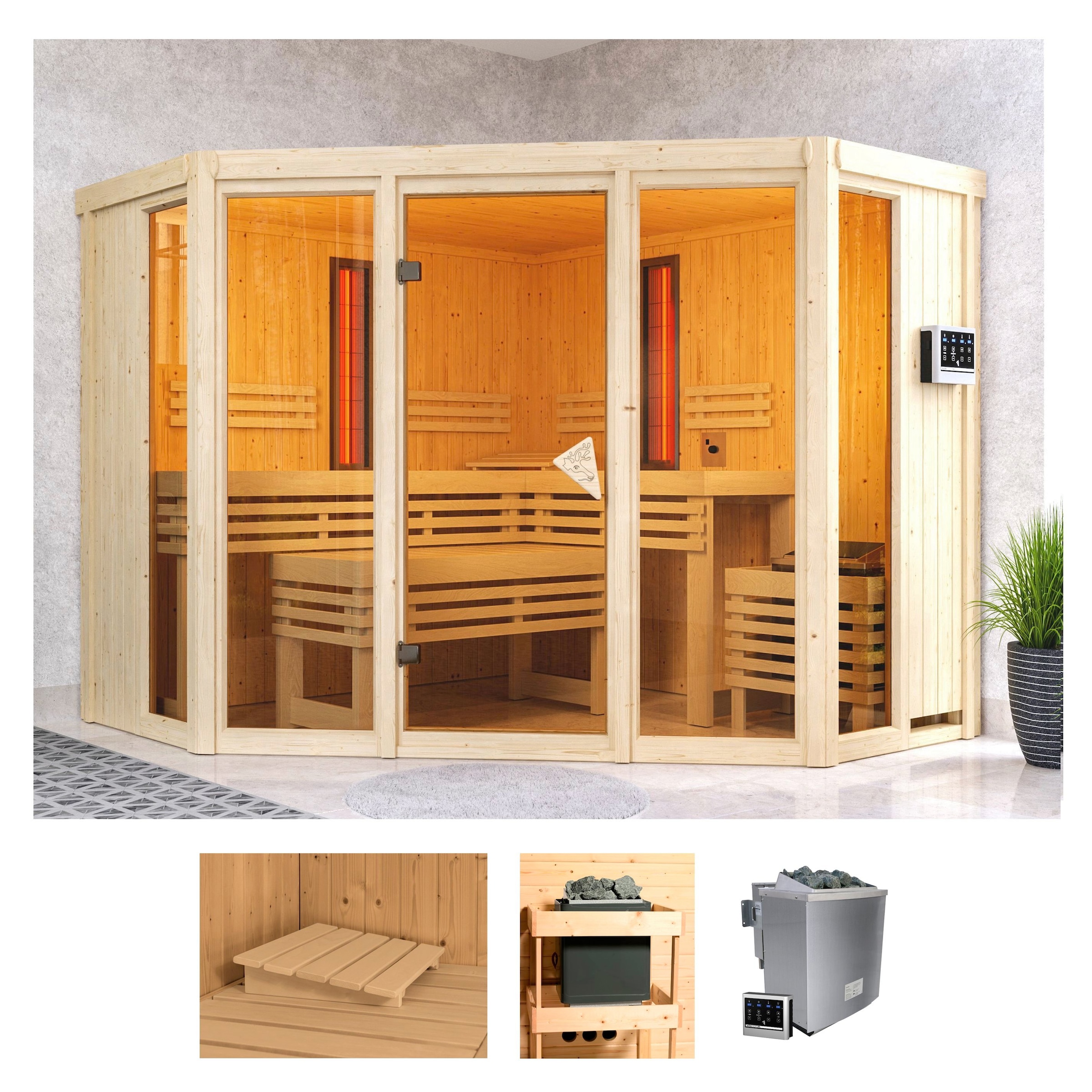 Karibu Sauna "Adele", 9-kW-Bio-Ofen mit ext. Steuerung, 2 Infrarot-Vitalight-Strahlern