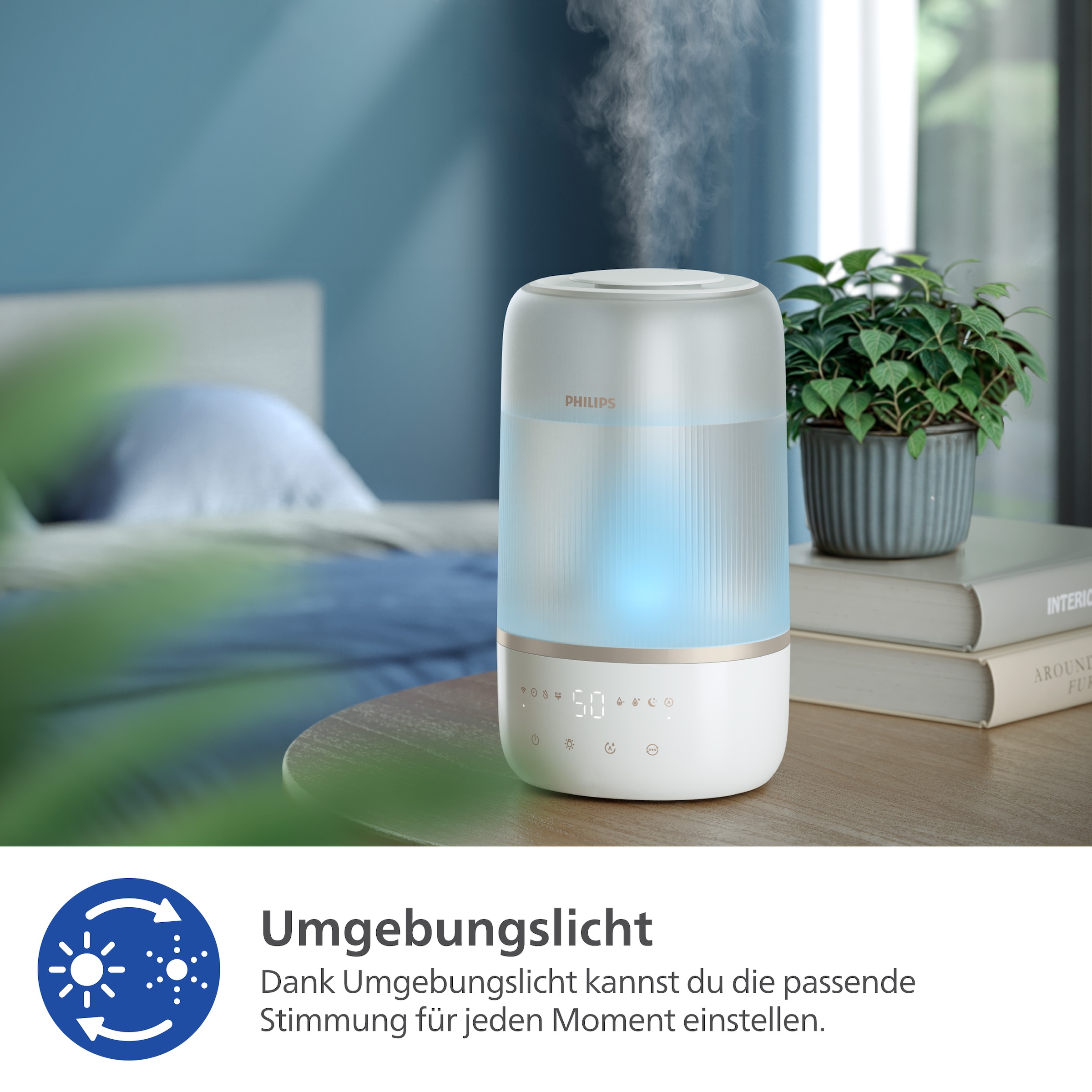 Philips Luftbefeuchter »HU1510 1000 Series, ultraschall«, 3 l Wassertank, für 41 m² Räume, mit Aroma-Diffusor, Stimmungslicht, App verbunden